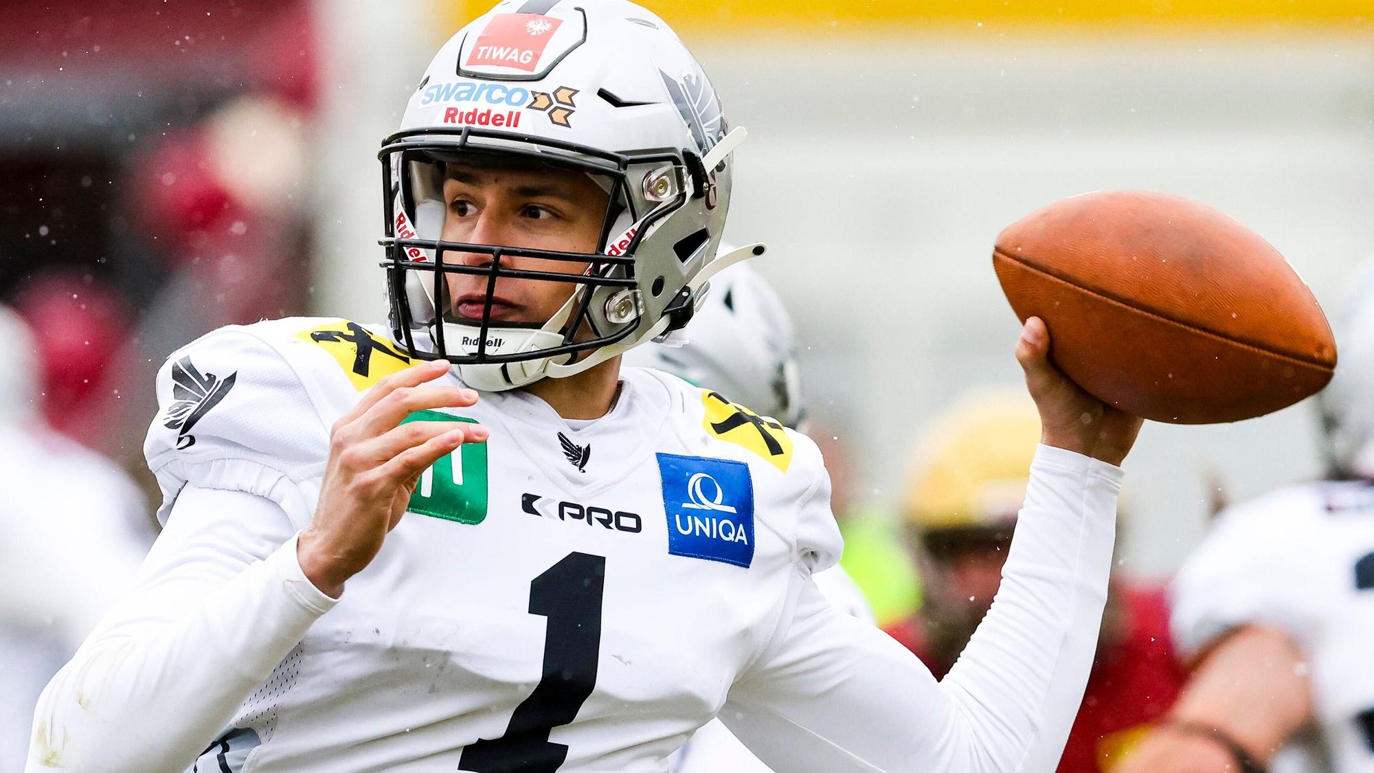 AMERICAN FOOTBALL - AFL, Patriots vs Raiders TELFS,AUSTRIA,02.APR.22 - AMERICAN FOOTBALL - AFL, Austrian Football League, AFC Telfs Patriot vs Raiders Tirol. Image shows Isaiah Weed Raiders. PUBLICATIONxNOTxINxAUTxSUIxSWE GEPAxpictures/xPatrickxSteiner