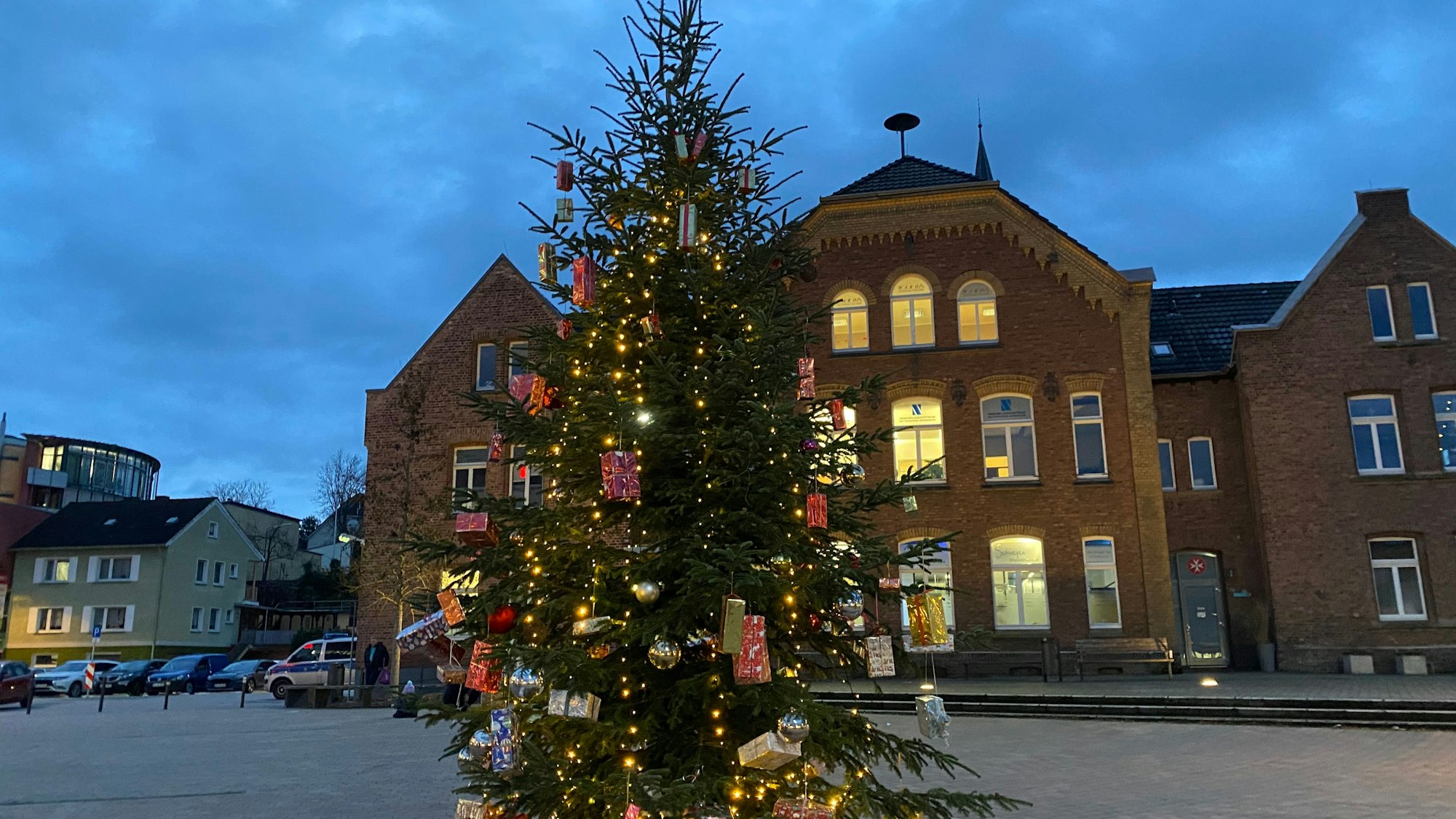 Ein Weihnachtsbaum steht auf dem Peter-Fryns-Platz.