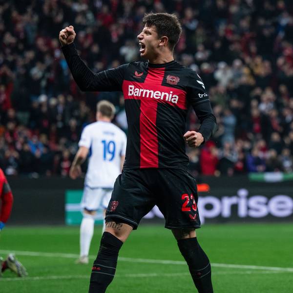 dpatopbilder - 14.12.2023, Nordrhein-Westfalen, Leverkusen: Fußball: Europa League, Bayer Leverkusen - Molde FK, Gruppenphase, Gruppe H, 6. Spieltag, BayArena. Leverkusens Torschütze Adam Hlozek jubelt nach seinem Treffer zum 4:0. Foto: Marius Becker/dpa +++ dpa-Bildfunk +++