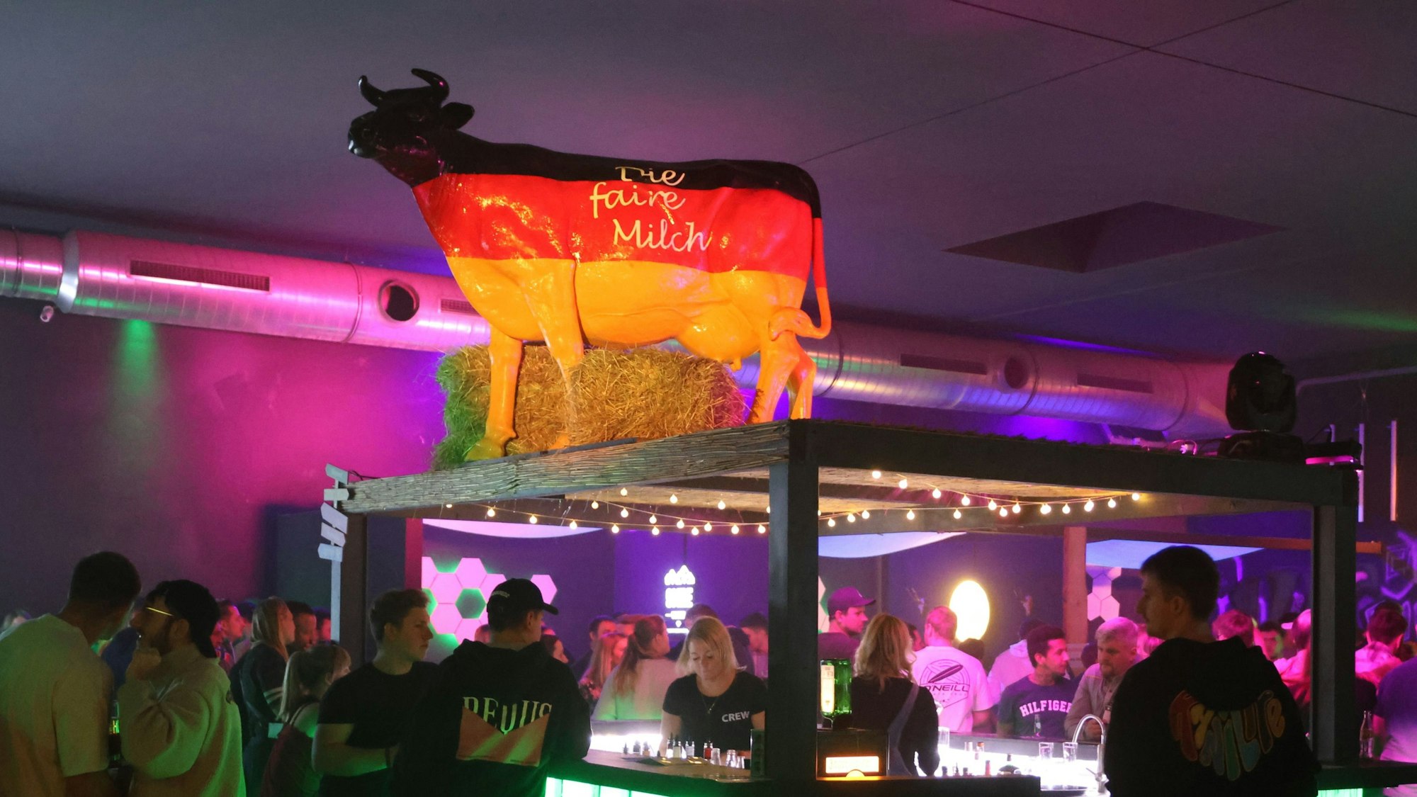 Menschen stehen rund um eine Theke, auf der eine beleuchtete Kuh-Skulptur steht.