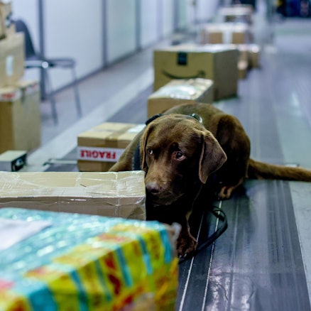 Auf einem Paketband liegen verschiedene Kartons. Mit auf dem Band liegt ein brauner Hund, der an den Kartons schnüffelt.