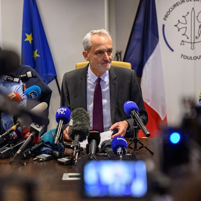 Public prosecutor Antoine Leroy holds a press conference about missing British teen Alex Batty, at the Palais de Justice in Toulouse, southwestern France, on December 15, 2023. A British 17-year-old found in France six years after going missing in Spain is to return home to England in the coming days, British and French authorities said on December 15. Alex Batty, originally from the northern English city of Oldham, was picked up by a driver in a mountainous area in southern France, with checks by French and British police confirming his identity. Police have said they suspect his mother Melanie Batty, who did not have parental guardianship, and grandfather David Batty of abducting him in 2017 when he was 11, under the pretence of going on holiday in Spain. (Photo by Ed JONES / AFP)