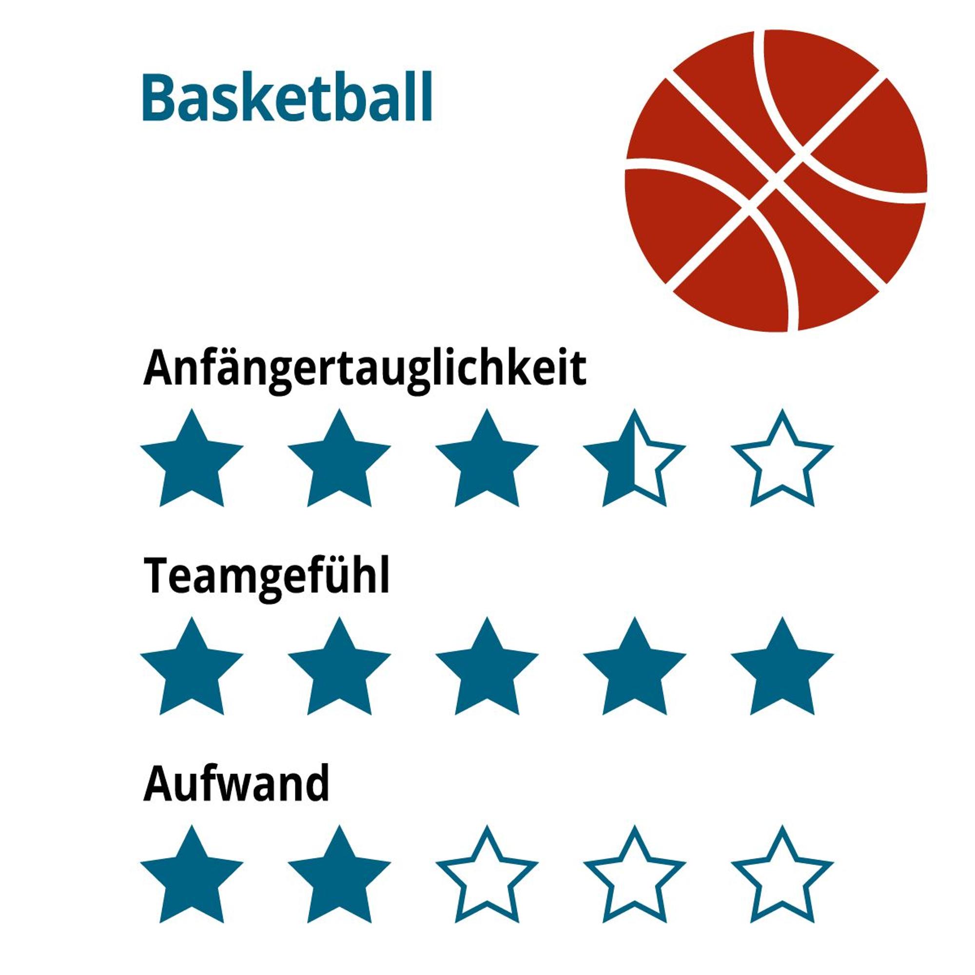 Eine Grafik zeigt verschiedenen Sterne-Bewertungen für Anfängertauglichkeit, Teamgefühl und Aufwand.