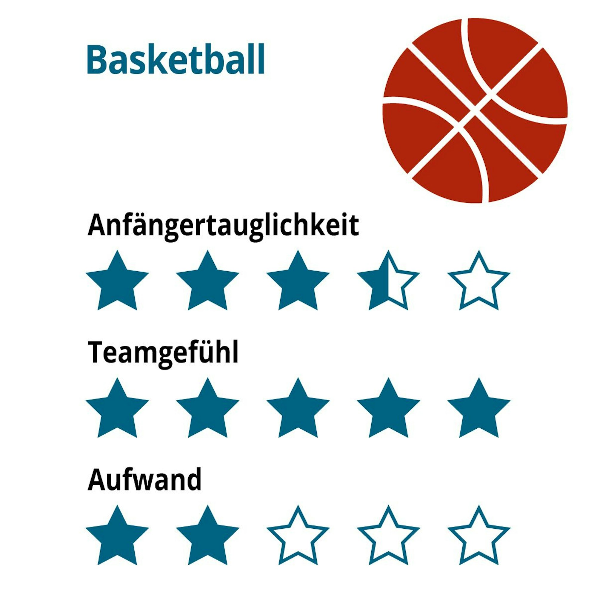 Eine Grafik zeigt verschiedenen Sterne-Bewertungen für Anfängertauglichkeit, Teamgefühl und Aufwand.