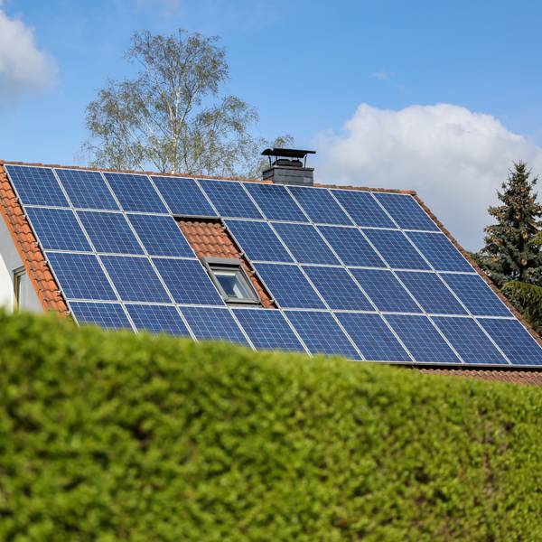 Haus mit Photovoltaik auf dem Dach hinter einer grünen Hecke.