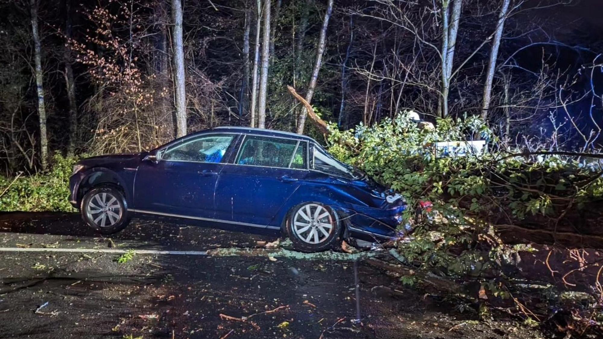 Ein umgestürzter Baum liegt auf dem Kofferraum eines blauen Autos auf der Scherfbachtalstraße in Odenthal.