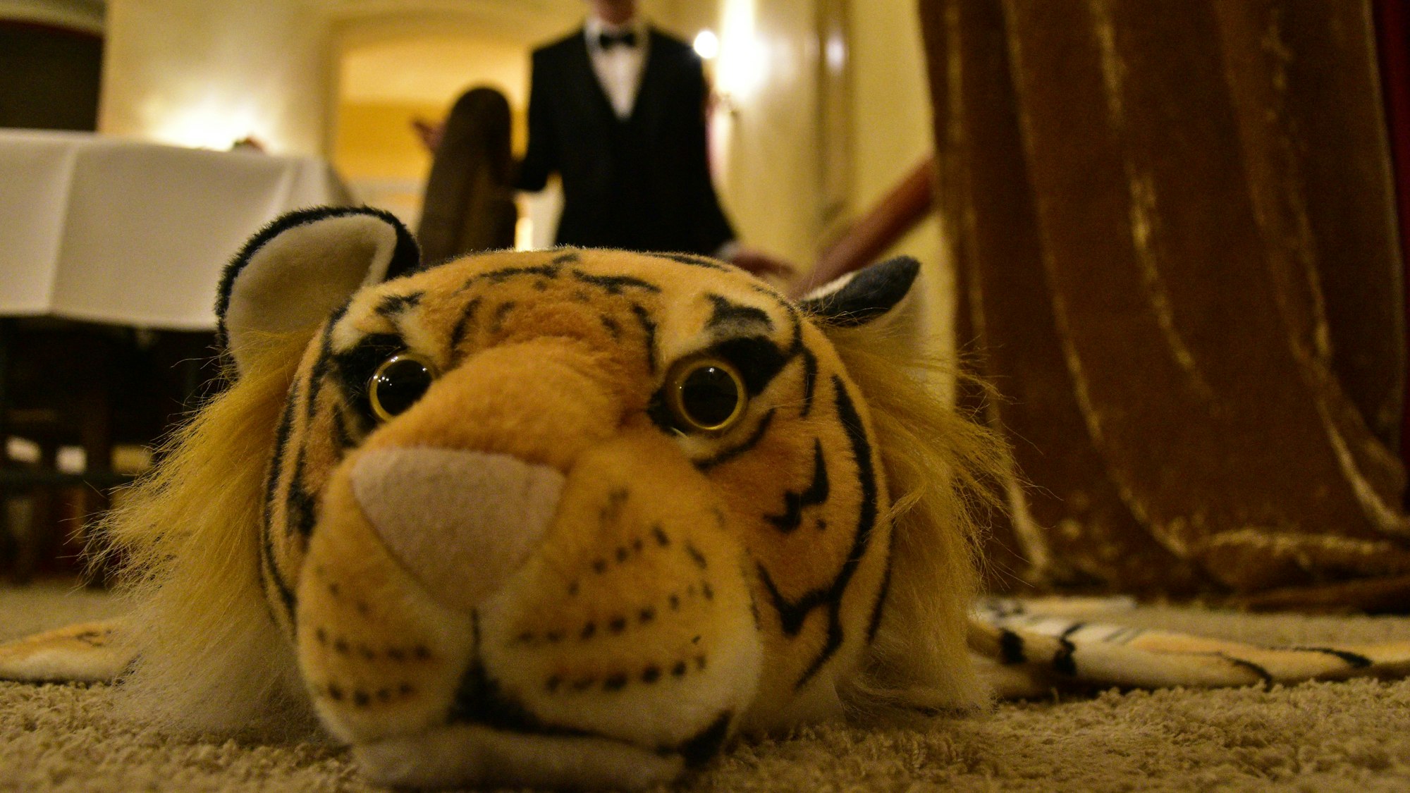 Ein Stofftiger liegt auf dem Fußboden.