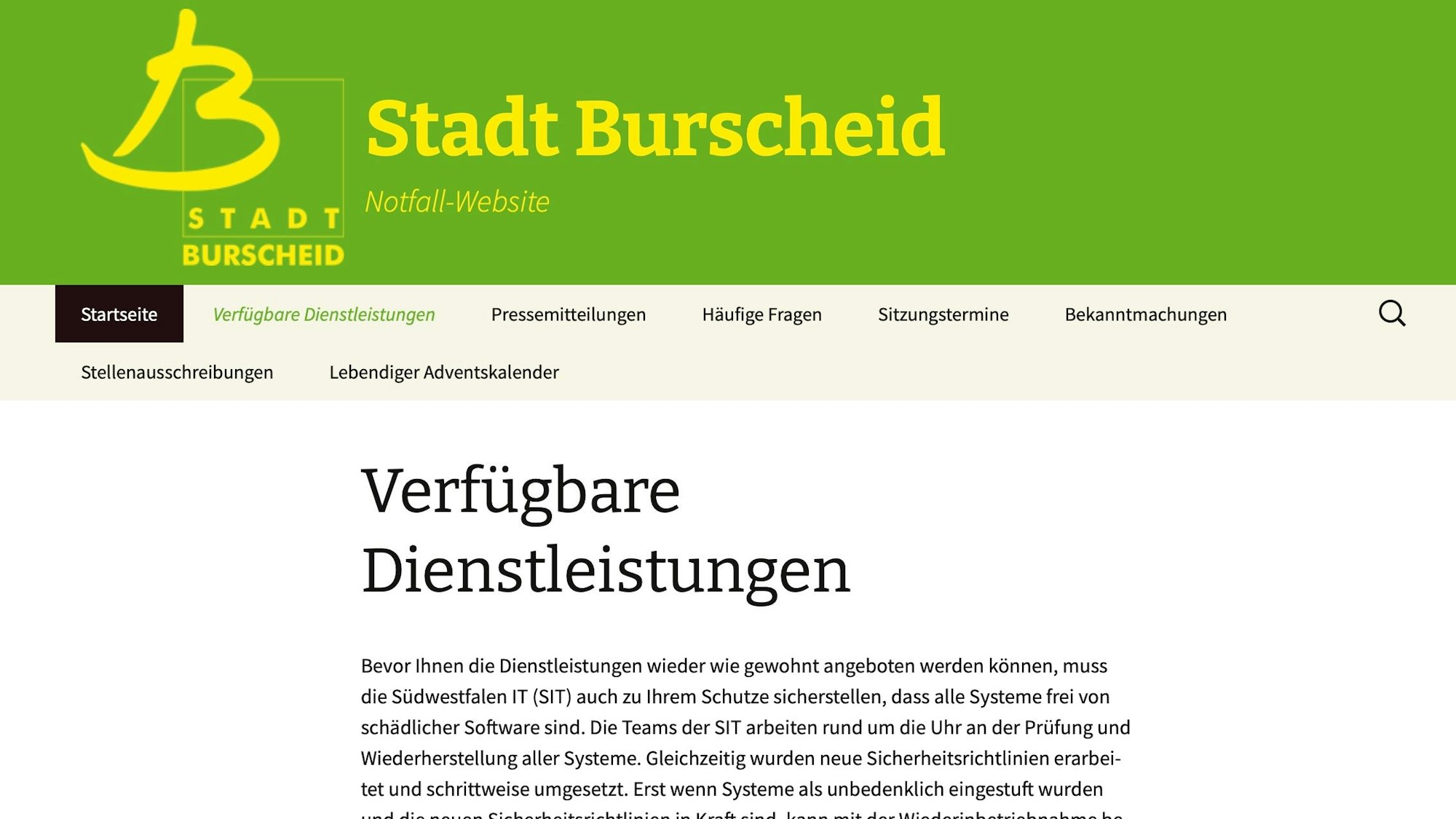 Die Notfallseite der Stadt Burscheid im Internet.