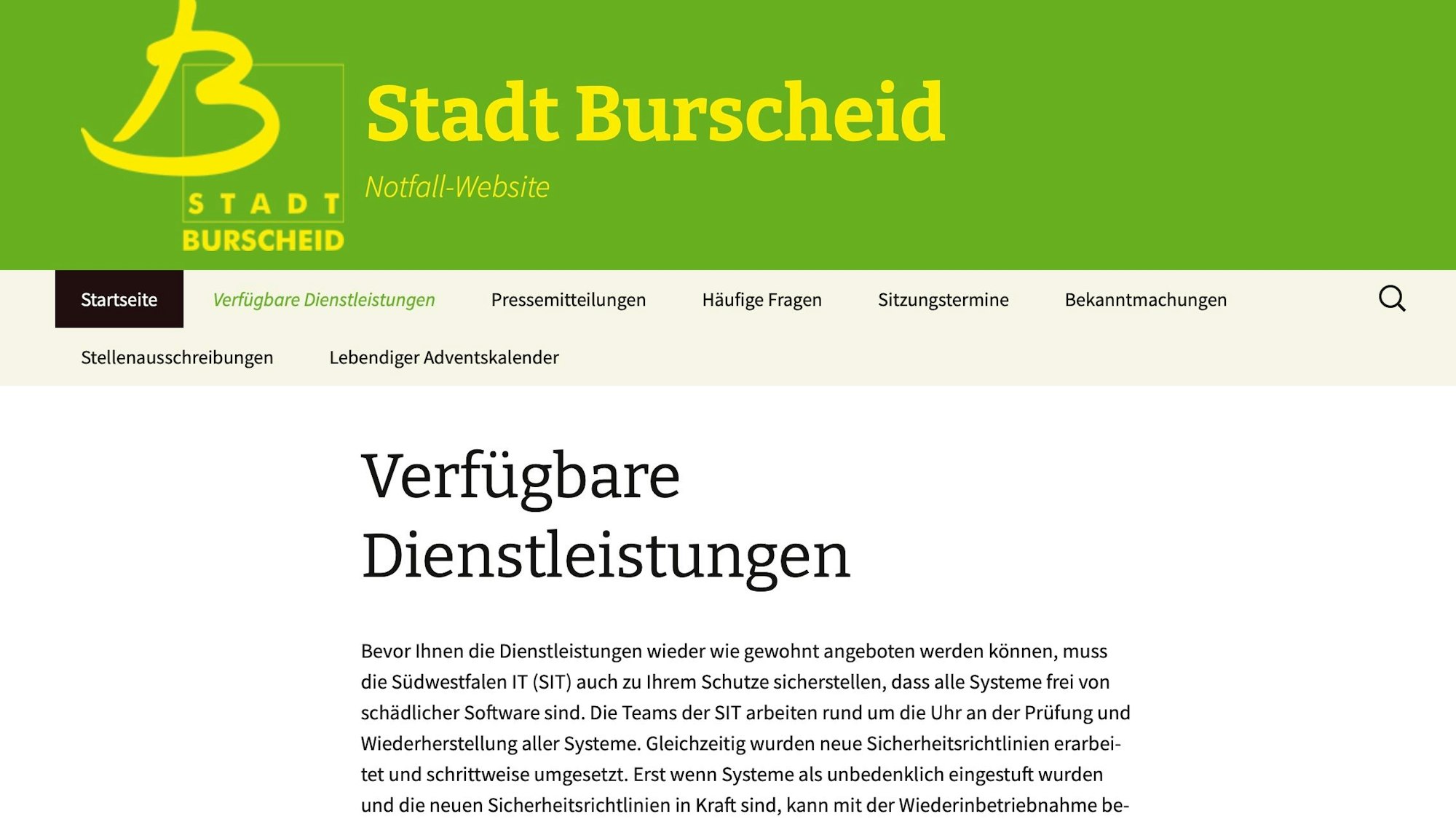 So sieht Ende 2023 die Notfallseite der Stadt Burscheid aus.