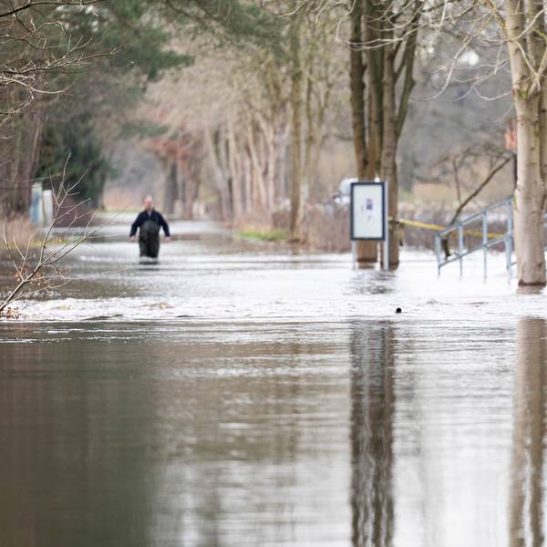 Eine Person läuft auf einer überfluteten Straße in der Siedlung Westohe der Gemeinde Winsen (Aller) im Landkreis Celle.