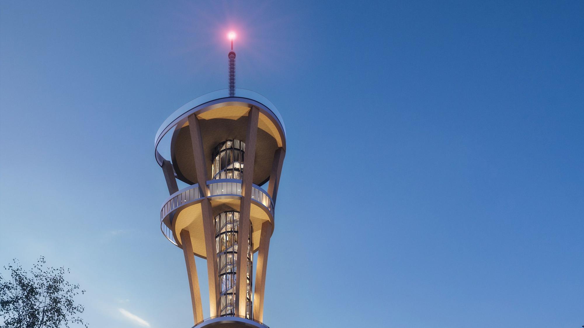 Das Bild zeigt eine Visualisierung des Rheinlandturms. Der Turm besteht komplett aus Glas, außen stützen ihn vier große Holzträger.