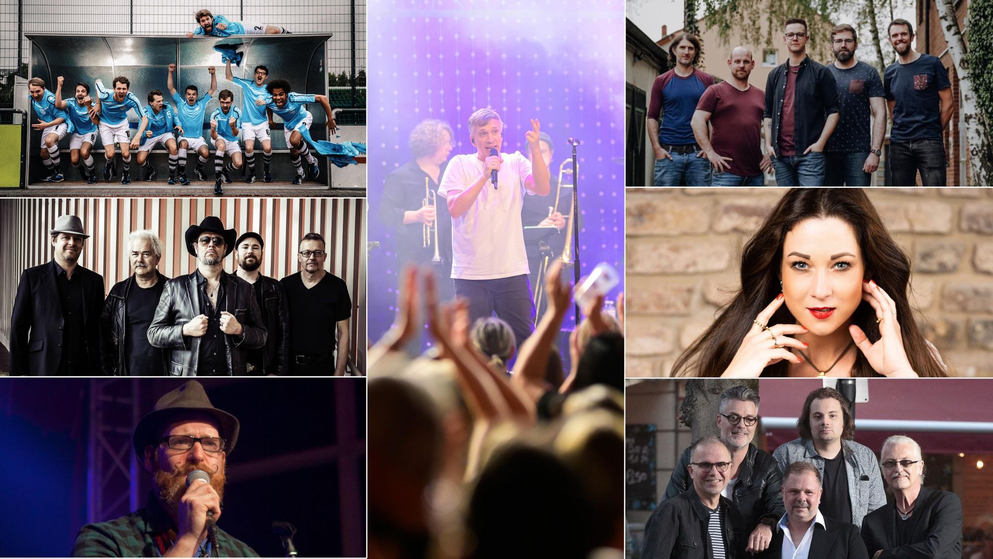 Neben etablierten Bands wie Kasalla testet die „Loss mer singe“-Jury auch Bands und Musiker wie Pimock (im Uhrzeigersinn), Domhätzje Nadine, Höösch, Rudbaat, Aach un Kraach und die Rhythmussportgruppe.