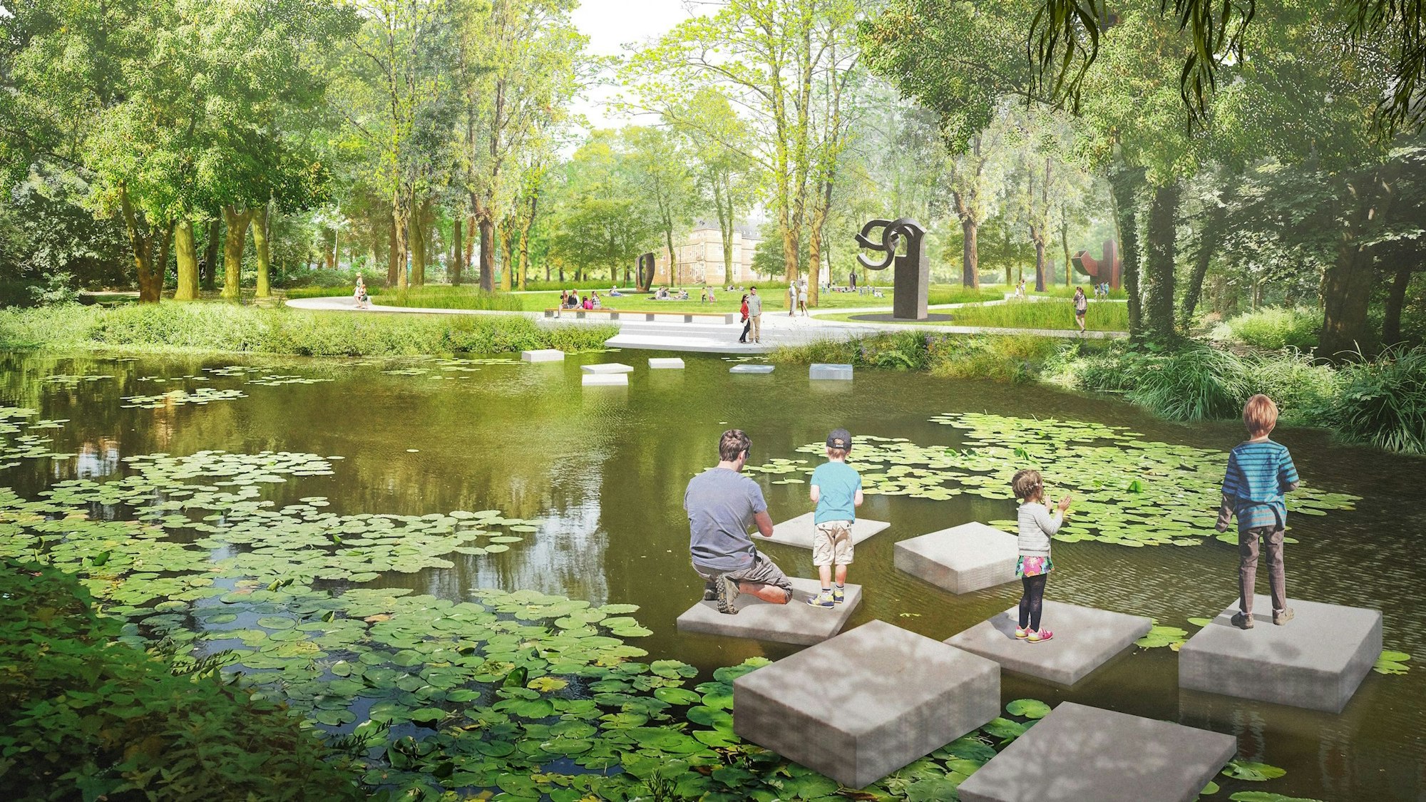 Zu sehen ist ein Park mit Bäumen und einem See.