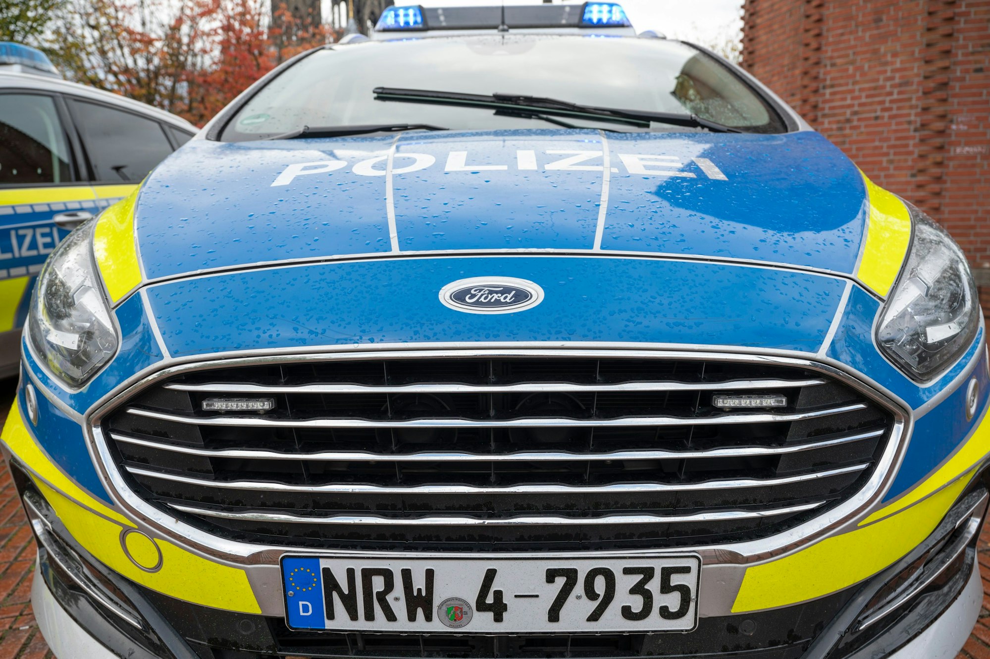 Ein Streifenwagen steht vor einem Gebäude.