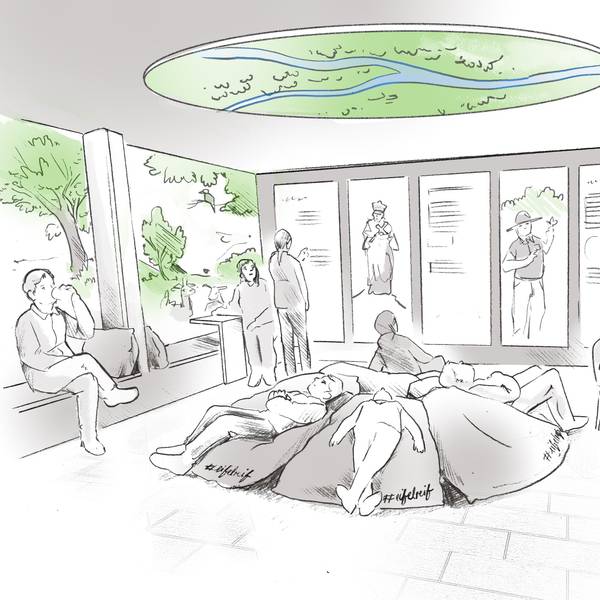 Die Zeichnung zeigt fünf Personen, die ermattet in der Mitte auf kreisförmig angelegten Sitzkissen halb sitzen, halb liegen. Daneben sitzen Personen an einem Tisch oder auf einer Bank. Von draußen schaut ein Ranger des Nationalparks hinein.