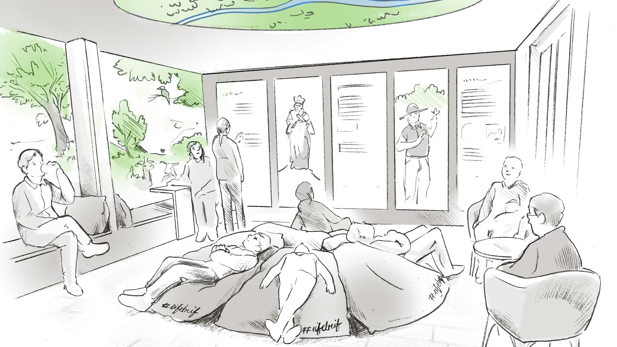 Die Zeichnung zeigt fünf Personen, die ermattet in der Mitte auf kreisförmig angelegten Sitzkissen halb sitzen, halb liegen. Daneben sitzen Personen an einem Tisch oder auf einer Bank. Von draußen schaut ein Ranger des Nationalparks hinein.