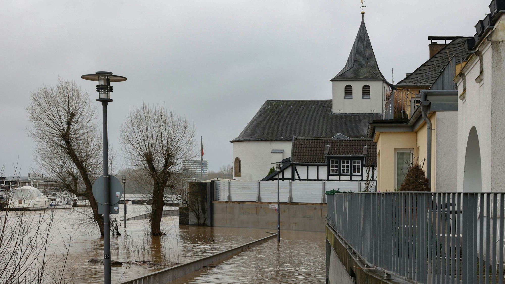 Die Promenade in Köln Rodenkirchen ist vom Hochwasser überflutet. Gehwege sind nicht mehr betretbar und Bäume ragen aus dem Wasser.