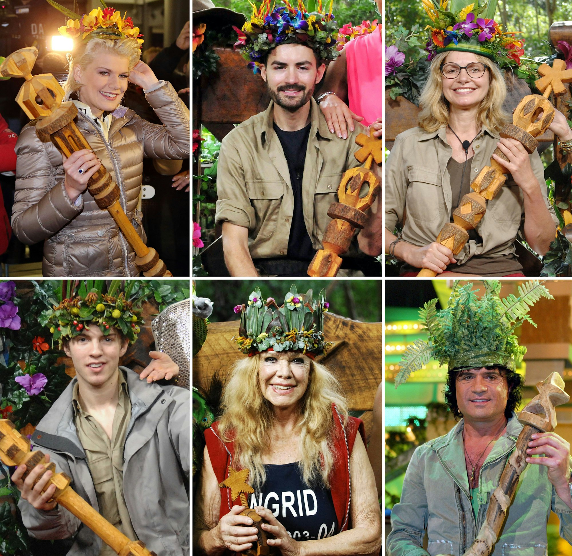 Einige der bisherigen Königinnen und Könige des RTL-Dschungelcamps, (oben l-r) Melanie Müller (2014), Menderes Bagci (2016) und Maren Gilzer (2015), (unten l-r) Joey Heindle (2013), Ingrid van Bergen (2009) und Costa Cordalis (2004; Archivfotos).