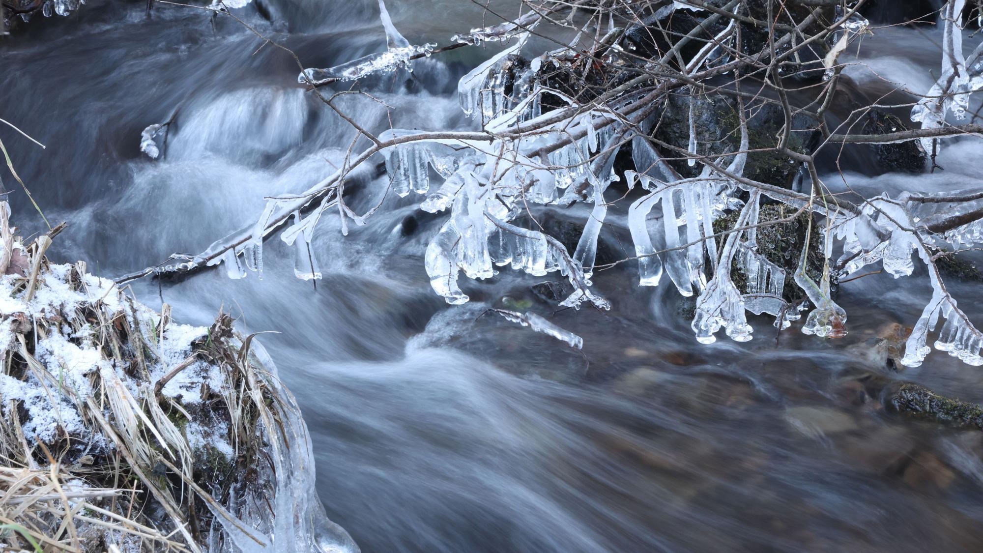 Rund um einen fließenden Bach glitzern Eisskulpturen an Ästen in der Sonne.