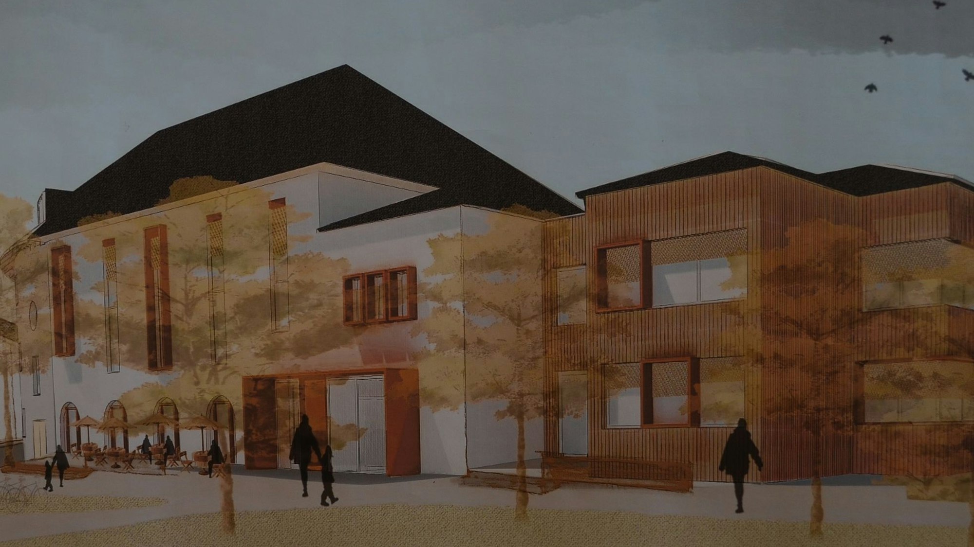 Eine Architektenzeichnung zeigt das Gemeindehaus nach der Umgestaltung und Sanierung.