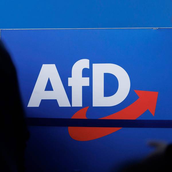 Das Parteilogo ist beim AfD-Bundesparteitag in der Magdeburger Messe zu sehen.