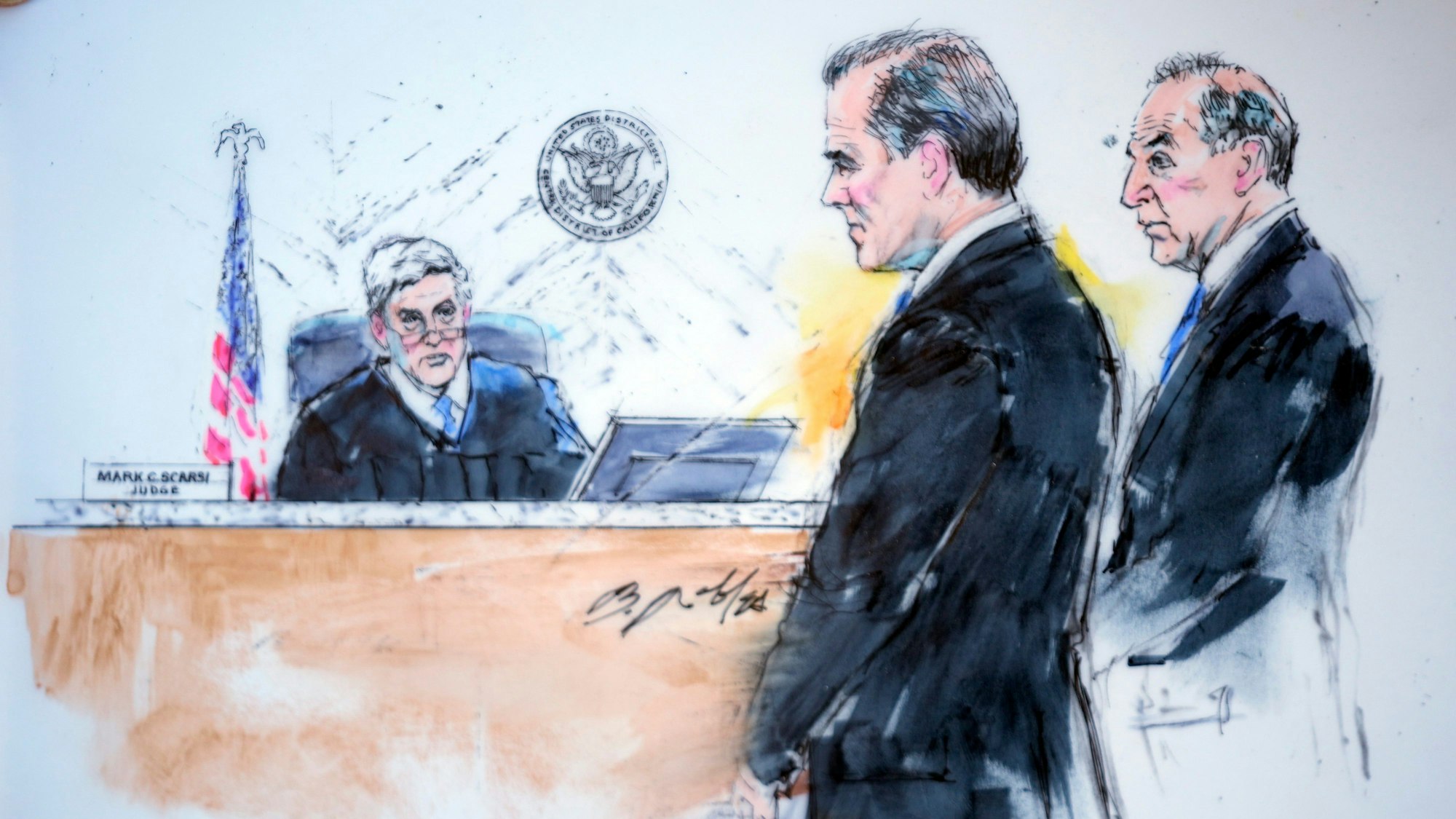 11.01.2024, USA, Los Angeles: Die Zeichnung aus dem Gerichtssaal zeigt US-Präsident Bidens Sohn Hunter Biden (M) neben seinem Anwalt Abbe Lowell (r) vor Richter Mark C. Scarsi im Bundesgericht in Los Angeles. Foto: Bill Robles/AP/dpa - ACHTUNG: Nur zur redaktionellen Verwendung und nur mit vollständiger Nennung des vorstehenden Credits +++ dpa-Bildfunk +++