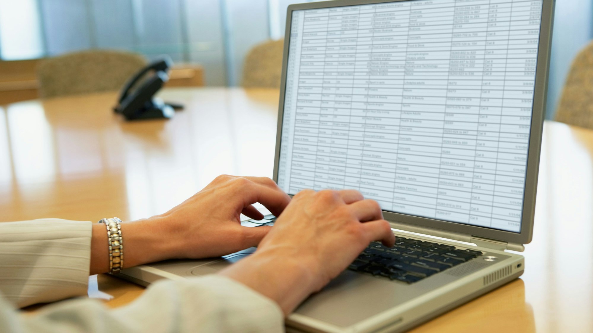 Zwei Hände tippen auf einem Laptop, auf dem Bildschirm ist eine Tabelle zu sehen.