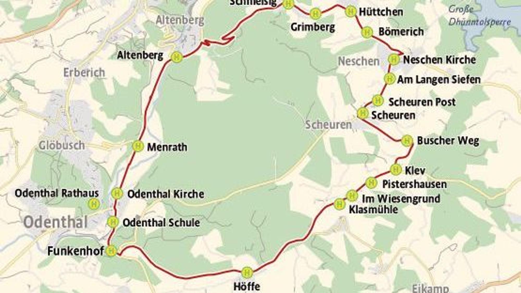 Die Linienführung des Bürgerbus Odenthal