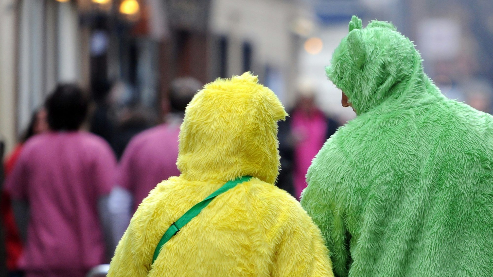 Zwei Menschen in einem gelben und einem grünen Plüsch-Ganzkörperkostüm sind von hinten zu sehen, vor ihnen gehen andere Verkleidete.