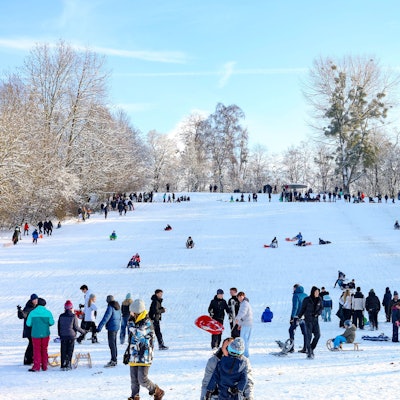 Neuschnee in NRW: Kölnerinnen und Kölner erfreuen sich am Schnee und rodeln am Sülzer Beethovenpark.