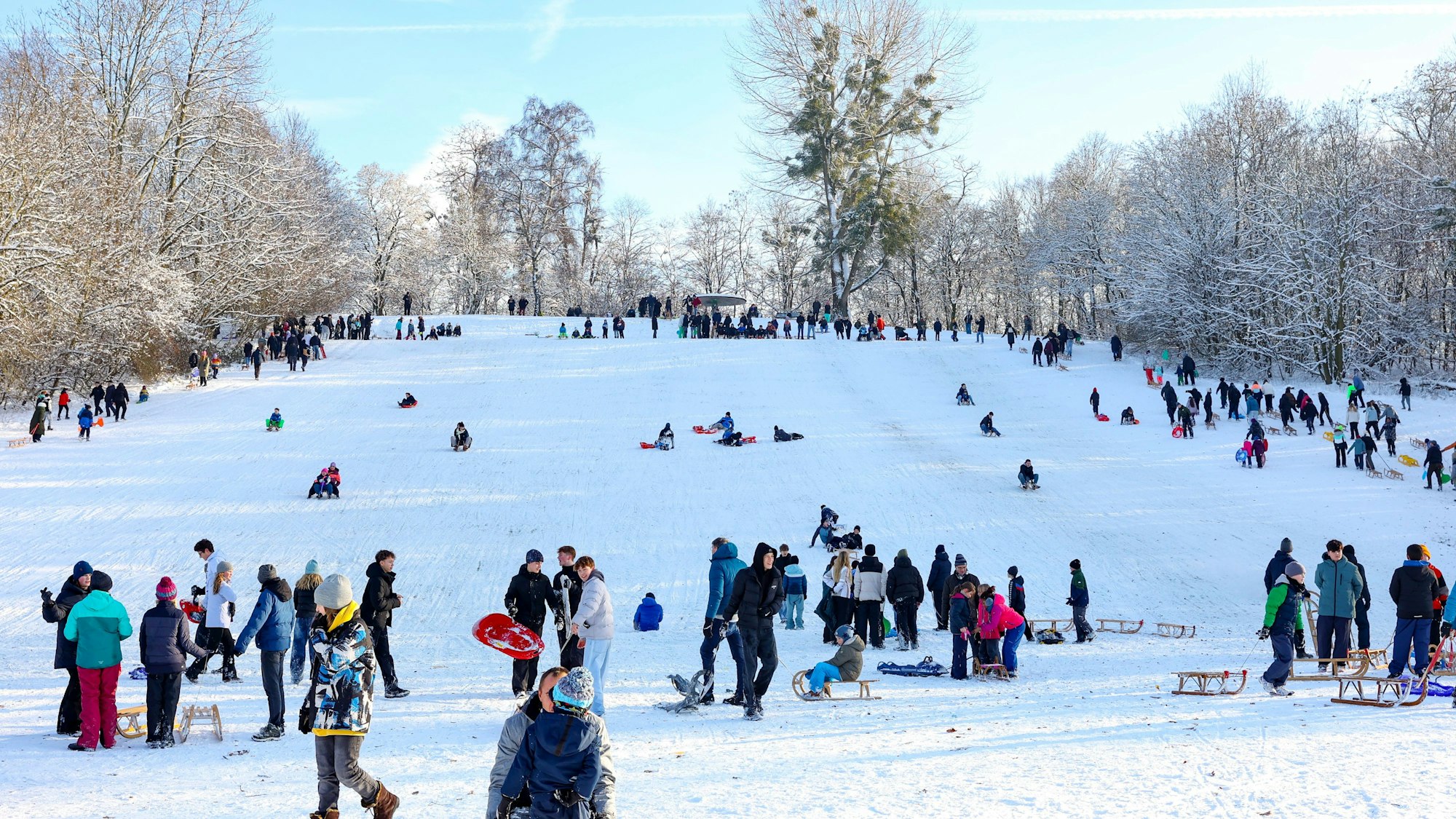 Neuschnee in NRW: Kölnerinnen und Kölner erfreuen sich am Schnee und rodeln am Sülzer Beethovenpark.