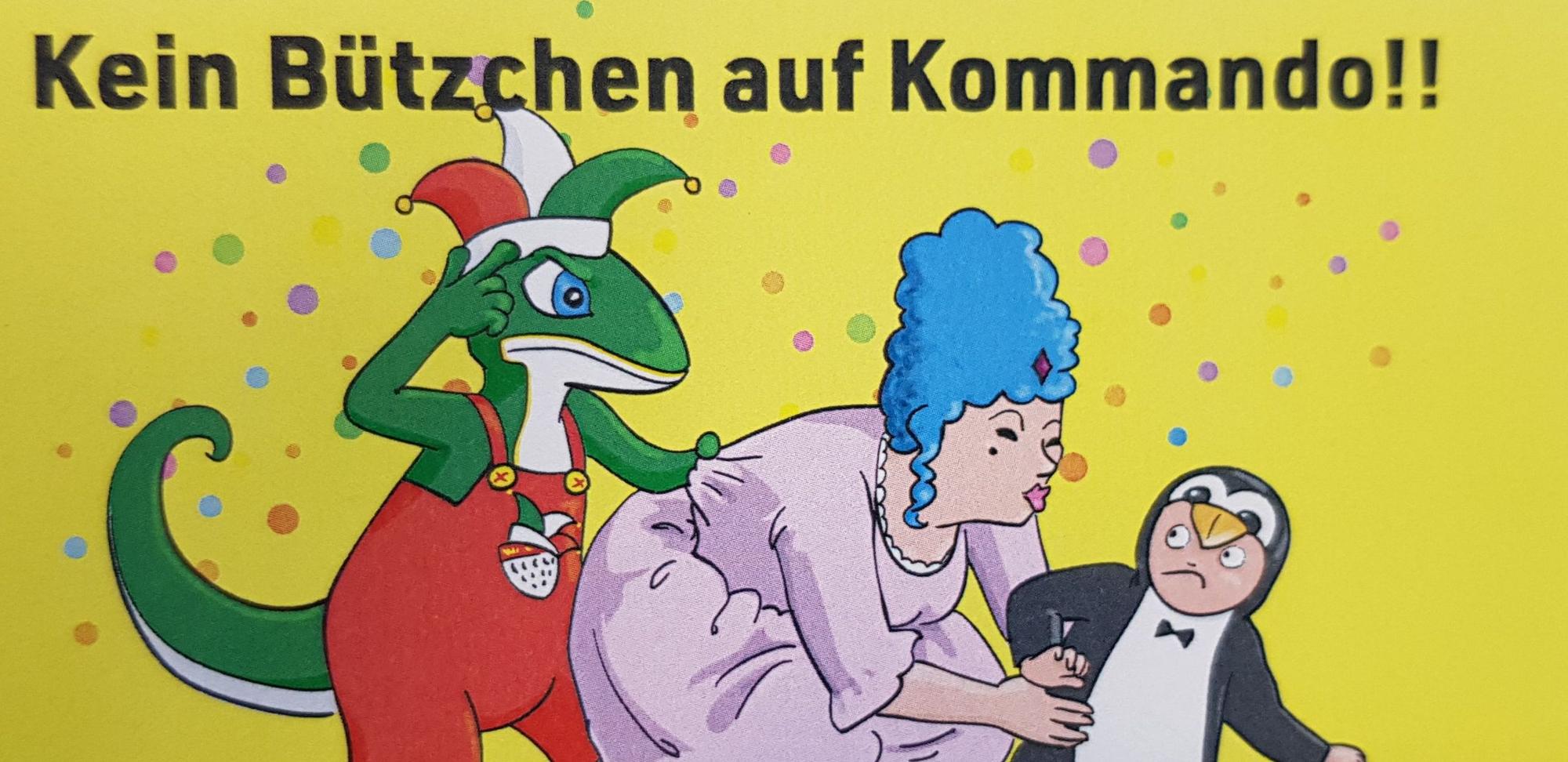 Auf einem Bild steht „Kein Bützchen auf Kommando!!“ Die Zeichnung zeigt des Weiteren eine Frau, die ein Kind im Kostüm küssen will. Jecko, das Maskottchen des Kölner Festkomitees, hält die Frau zurück.