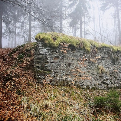 Reste der einstigen Skisprungschanze im Wald von Hollerath.