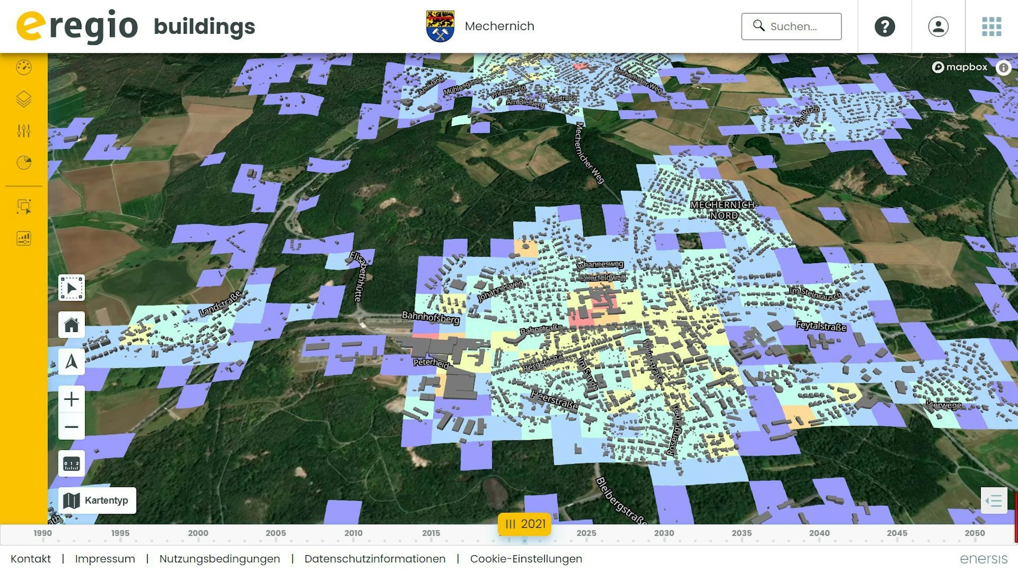 Digitaler Zwilling zur Erstellung der Kommunalen Wärmeplanung für die Stadt Mechernich. Der Screenshot zeigt die Quadranten mit der Fläche 100x100 m und zeigt den aktuellen Wärmebedarf für die Areale.