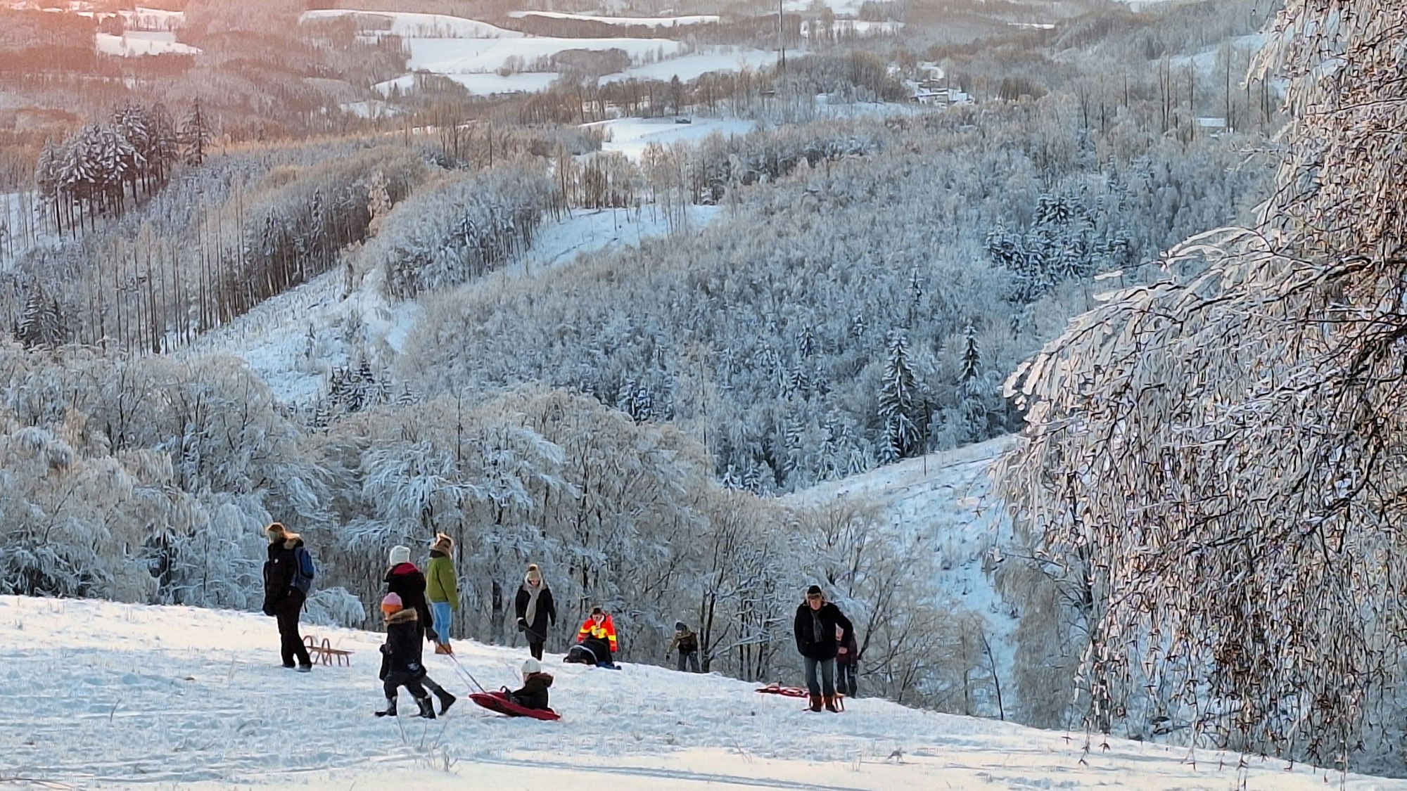 Ein Blick auf die weiße Landschaft mit Rodlern im Vordergrund.