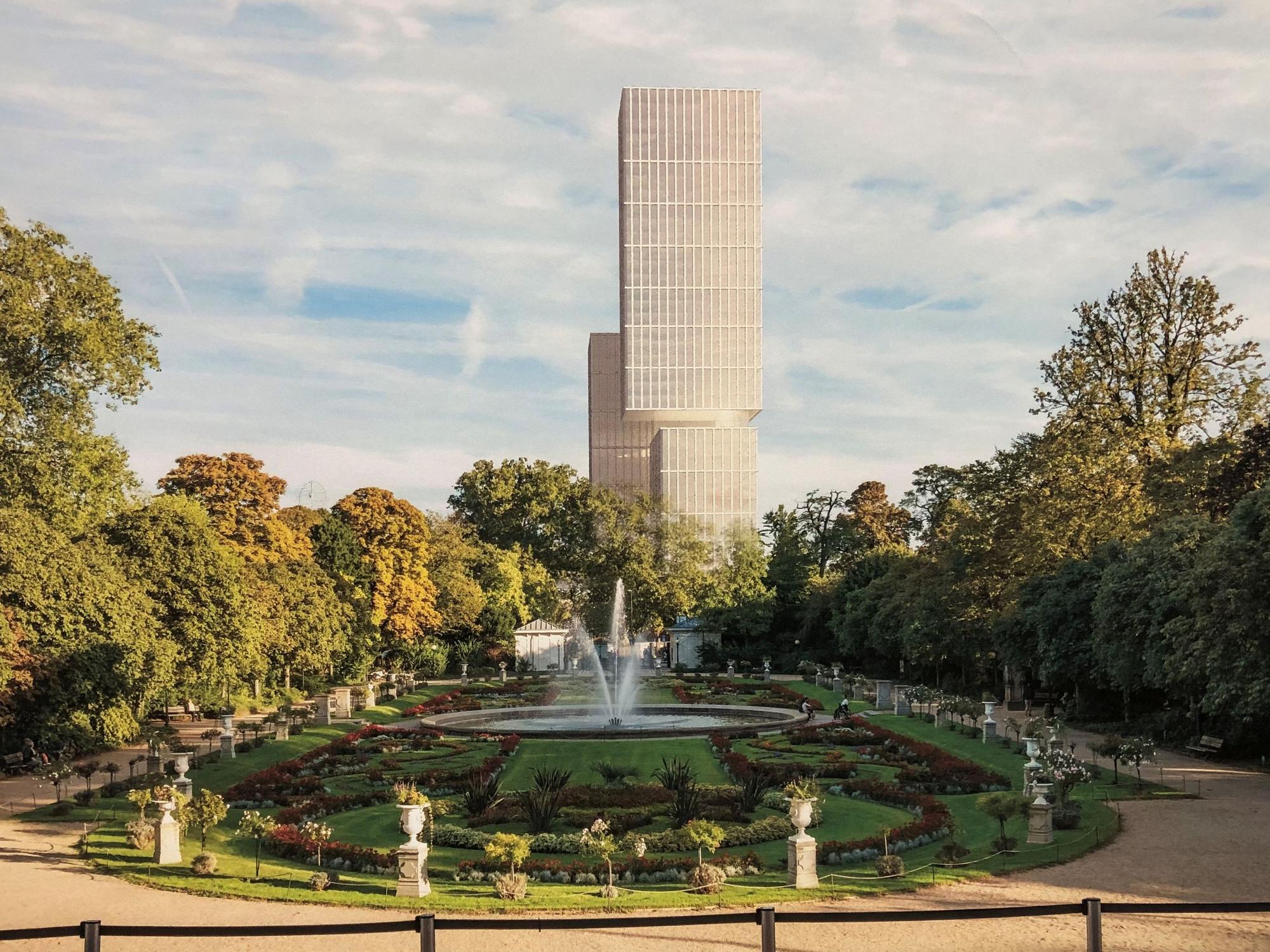 Entwurf für ein neues Hochhaus der DEVK von Henke Schreieck Architekten, von der Flora aus gesehen.