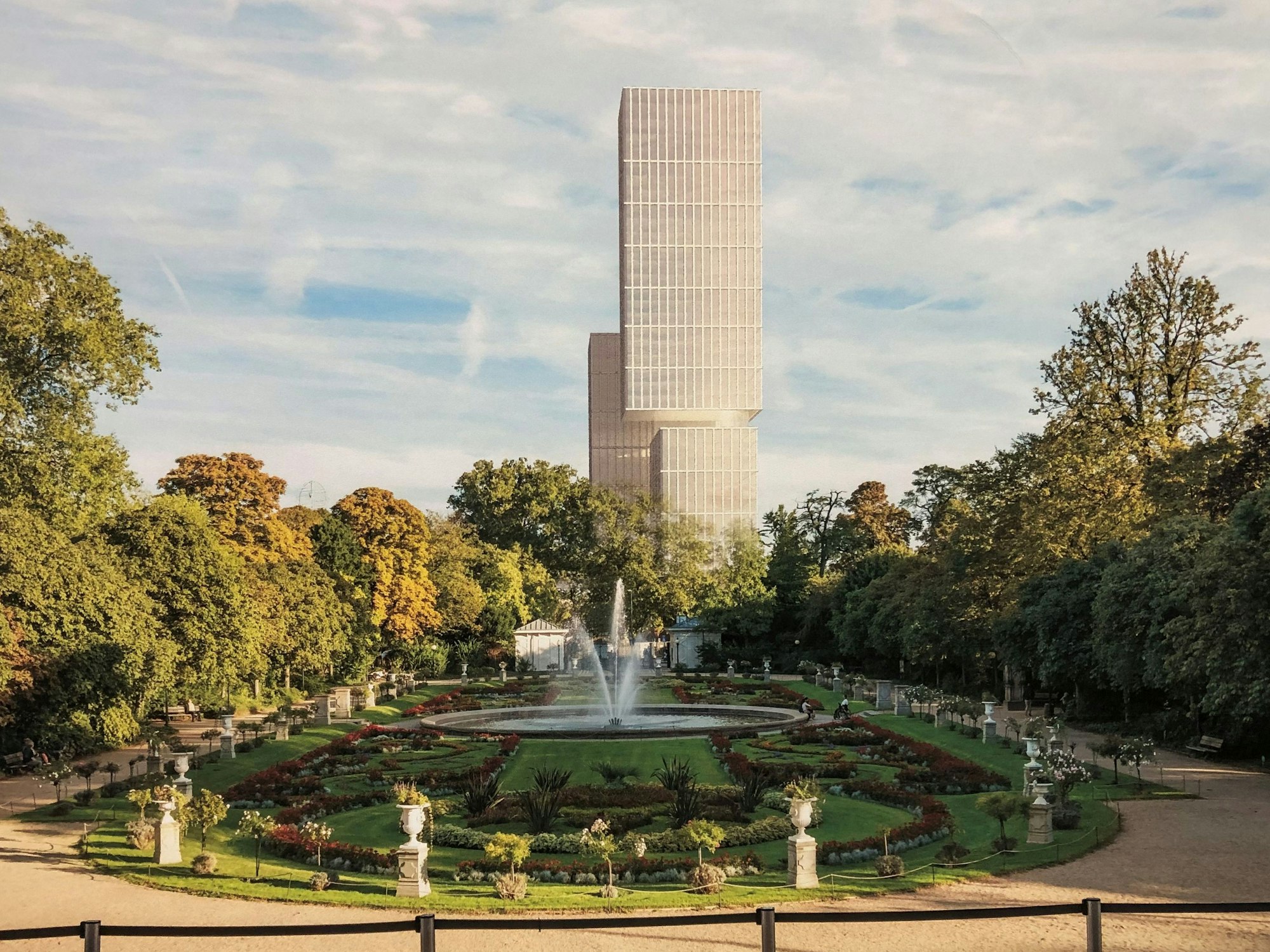 Entwurf für ein neues Hochhaus der DEVK von Henke Schreieck Architekten, von der Flora aus gesehen.