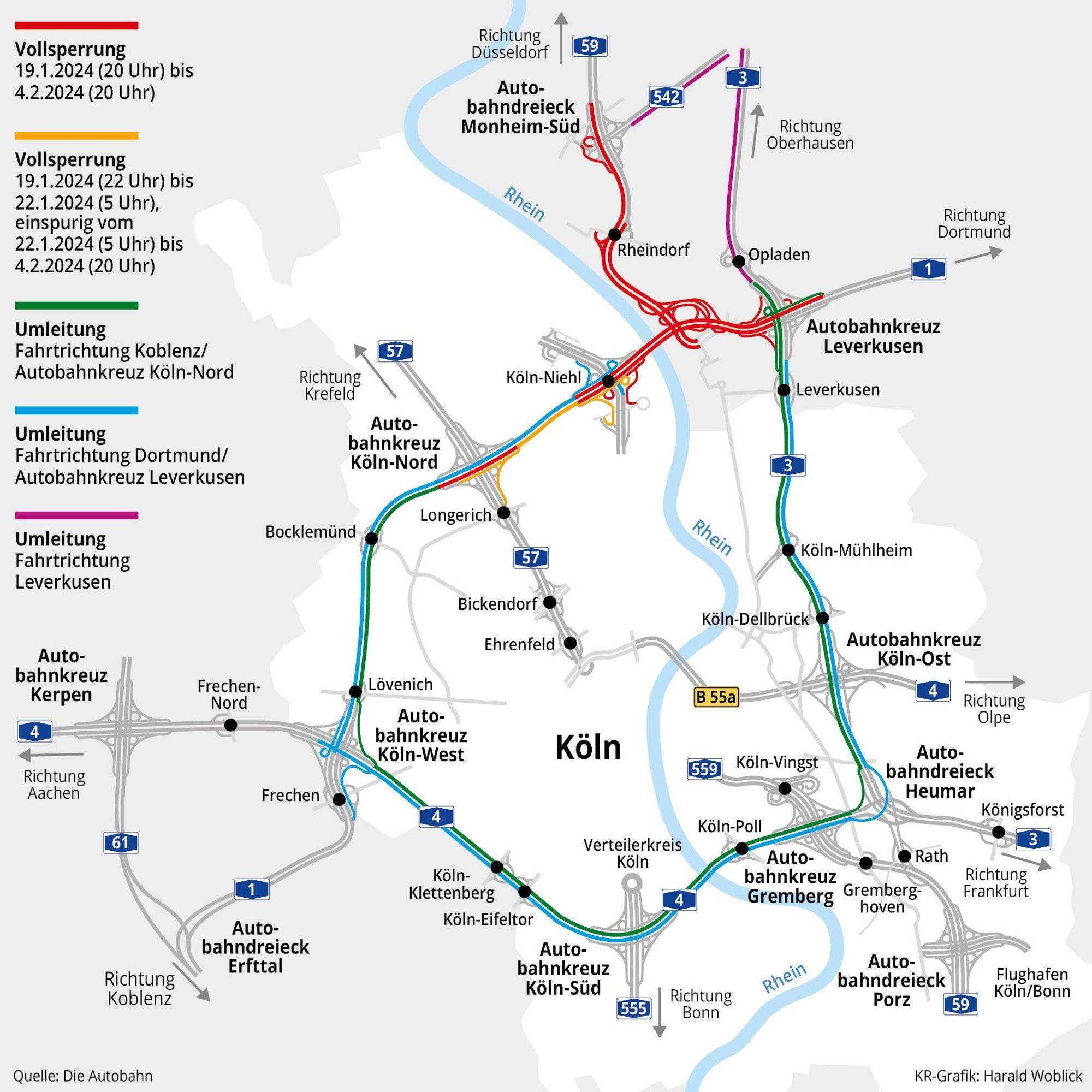 Die Grafik zeigt die Umleitungen während der Sperrung der Leverkusener Autobahnbrücke.