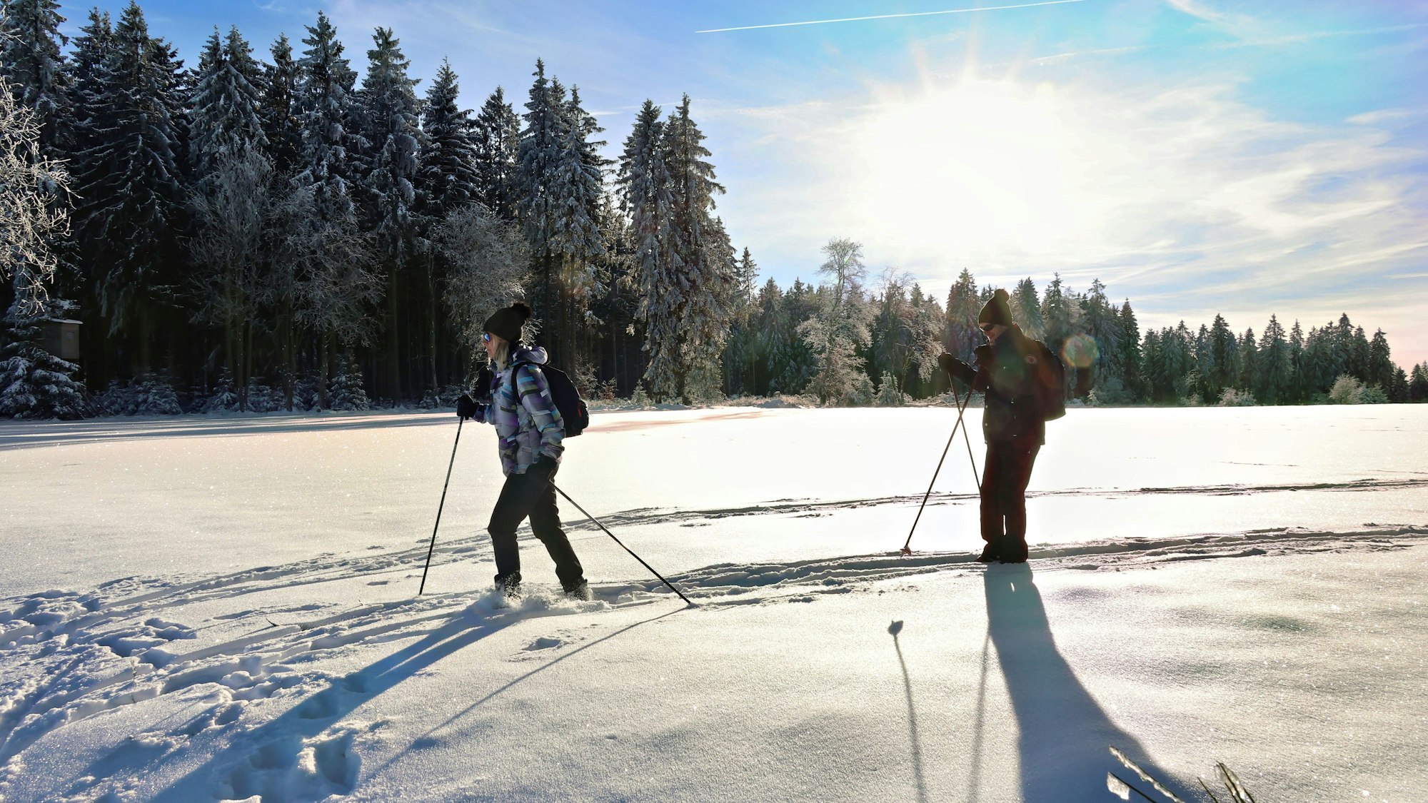 Ein Pärchen zieht auf Langlaufskiern im Tiefschnee seine Bahn. Im Hintergrund verschneite Wälder.
