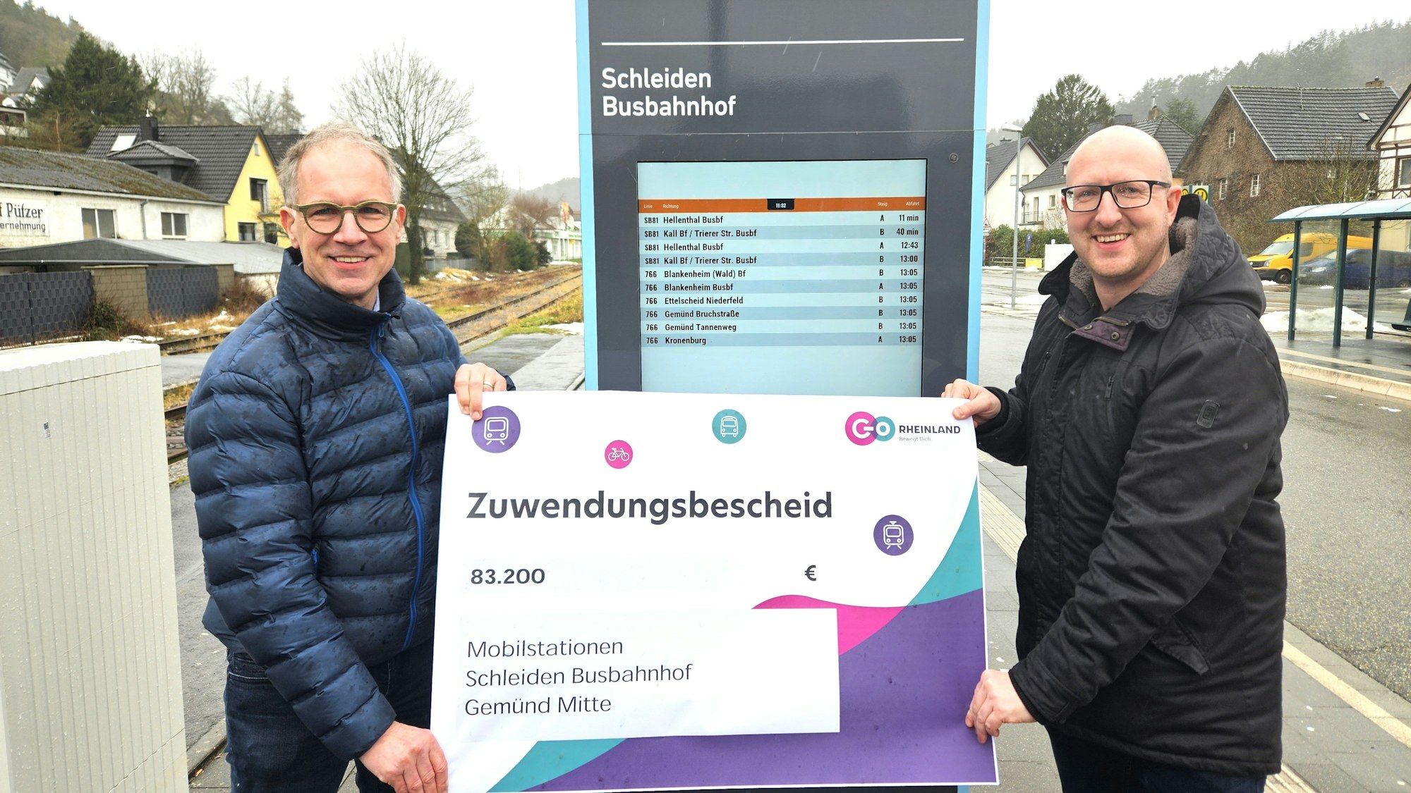 Dr. Norbert Rheinkober von go-Rheinland und Bürgermeister Ingo Pfennings präsentieren den Zuwendungsbescheid.