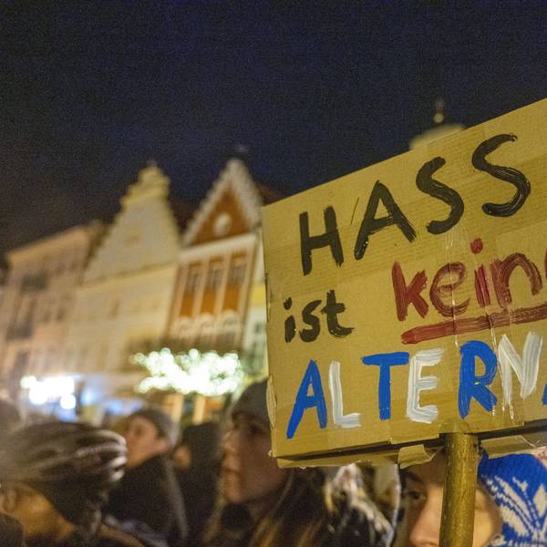 Auf dem Bild sieht man ein Plakat, auf dem "Hass ist keine Alternative" lesen kann. Es stammt von einer Demonstration in Greifswald am 22.01.2024, die gegen die AfD und gegen Rechtsextremismus stattgefunden hat.