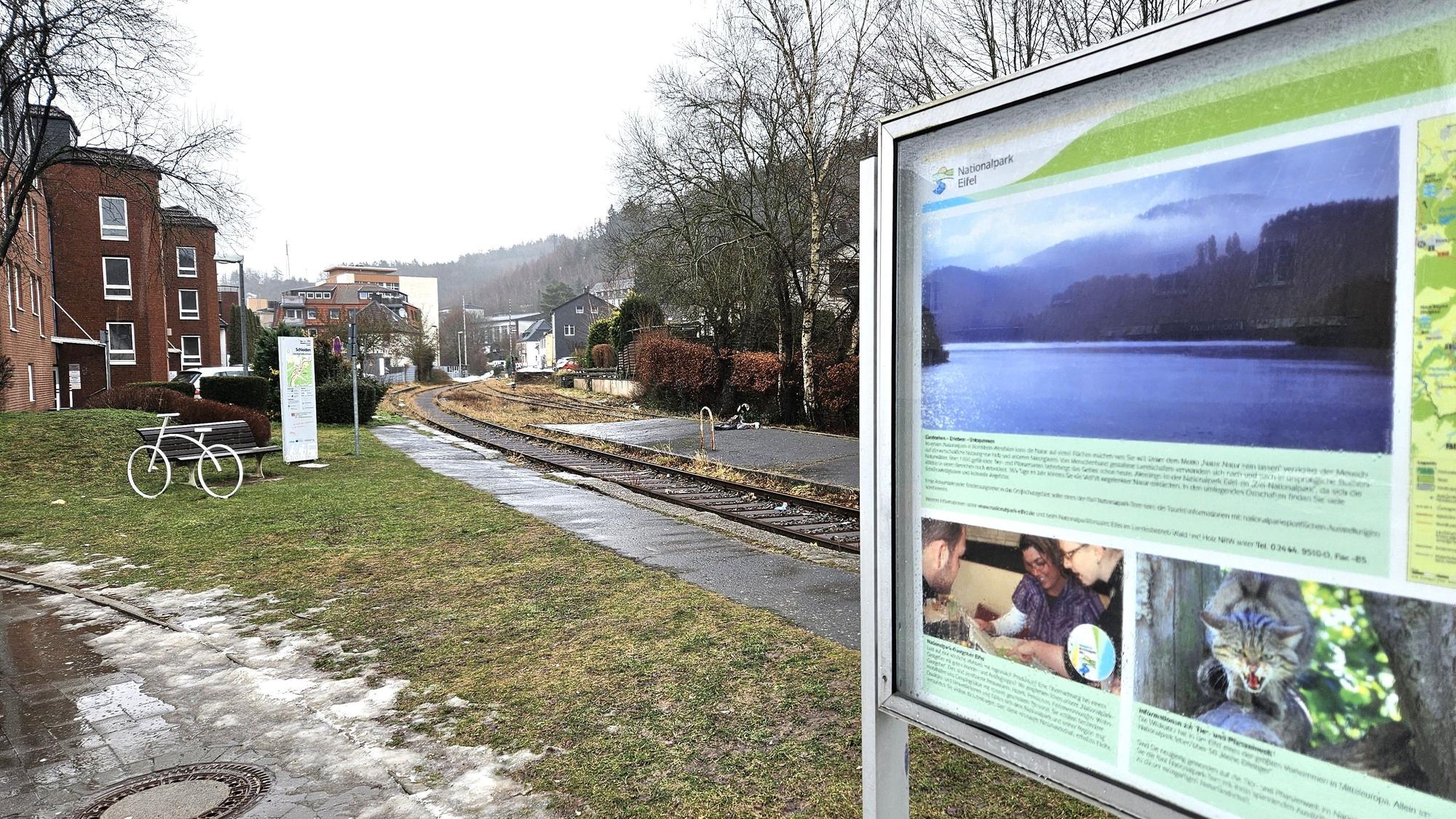 Auf dem Foto ist eine Grünfläche neben einem Bahngleis zu sehen.