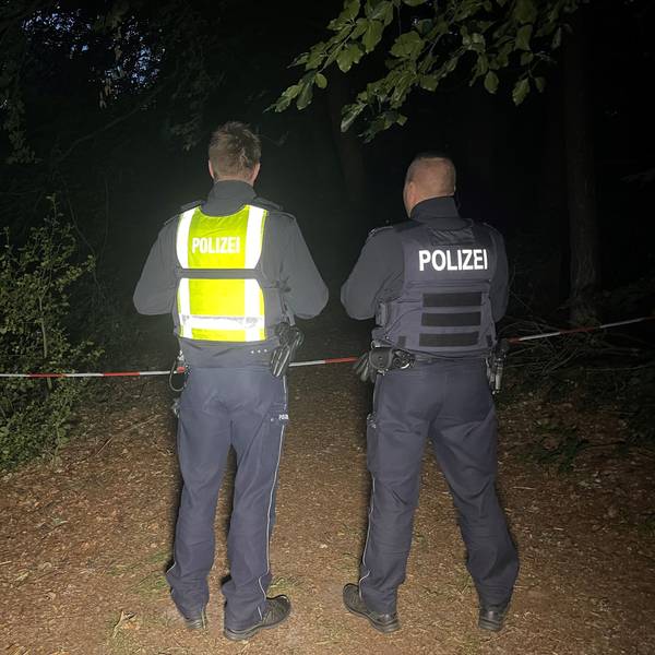 Polizisten stehen an einem abgesperrten Waldstück.