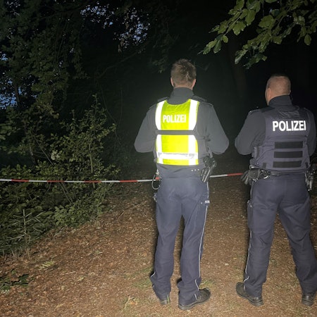 Polizisten stehen an einem abgesperrten Waldstück.