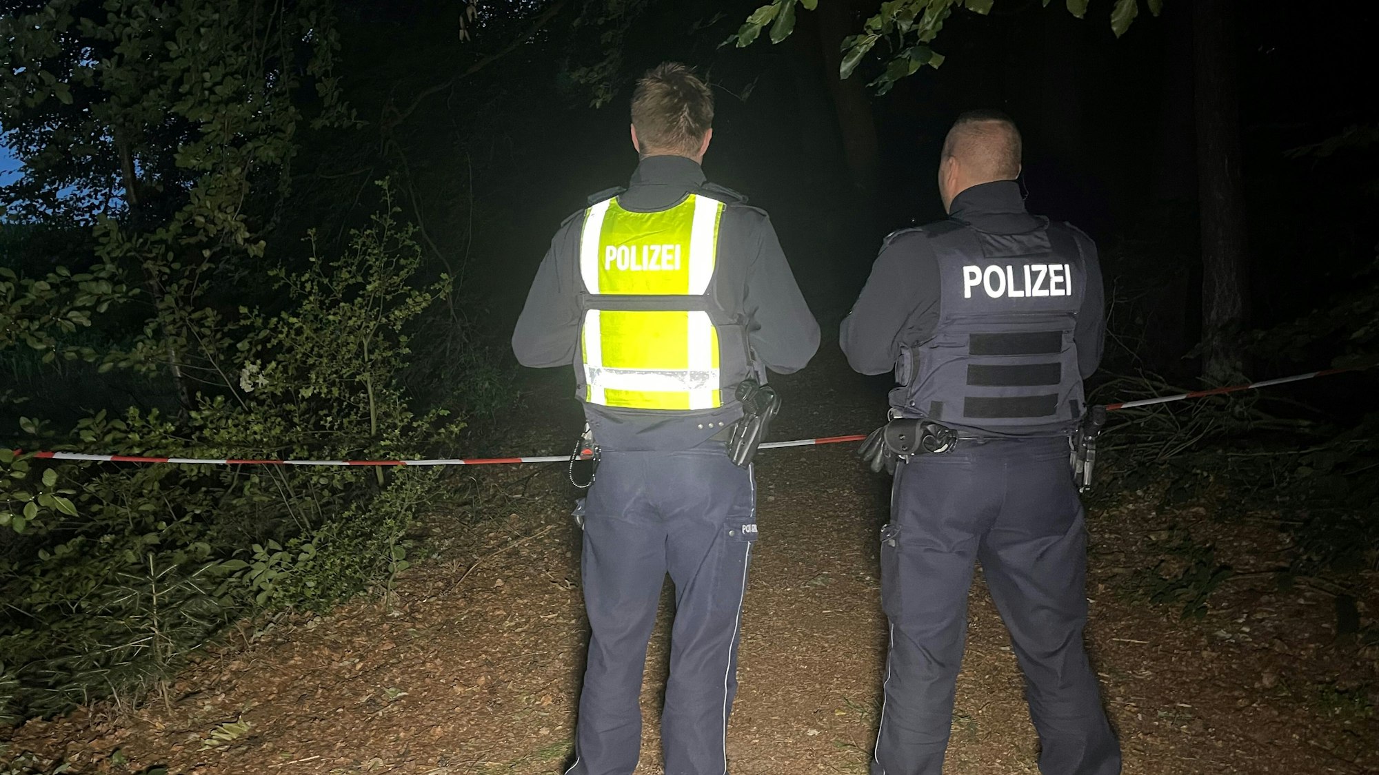 Polizisten stehen an einem abgesperrten Waldstück (Archivfoto).