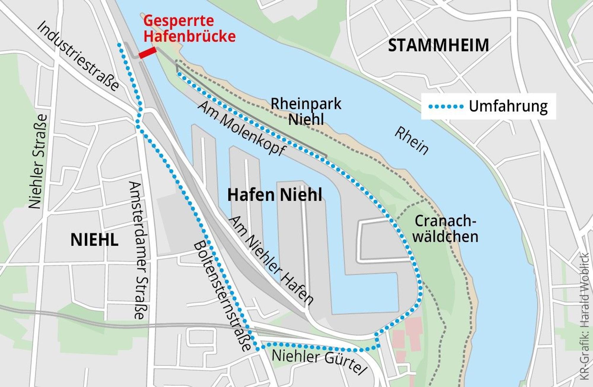 Die Grafik zeigt den Umweg, den Radfahrer und Fußgänger wegen der Brückensperrung im Niehler Hafen nehmen müssen.