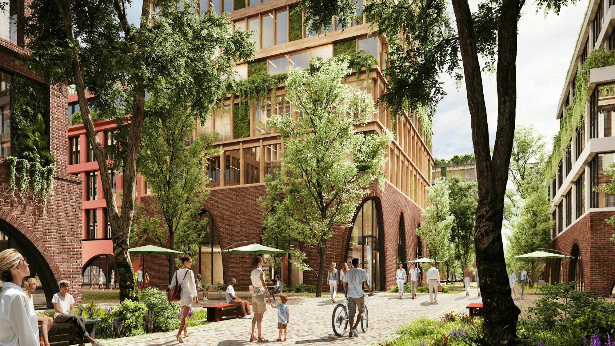 Eine Visualisierung zeigt ein Viertel mit modernen Bürogebäuden mit geklinkertem Erdgeschoss und Wegen für Radfahrer und Fußgänger.