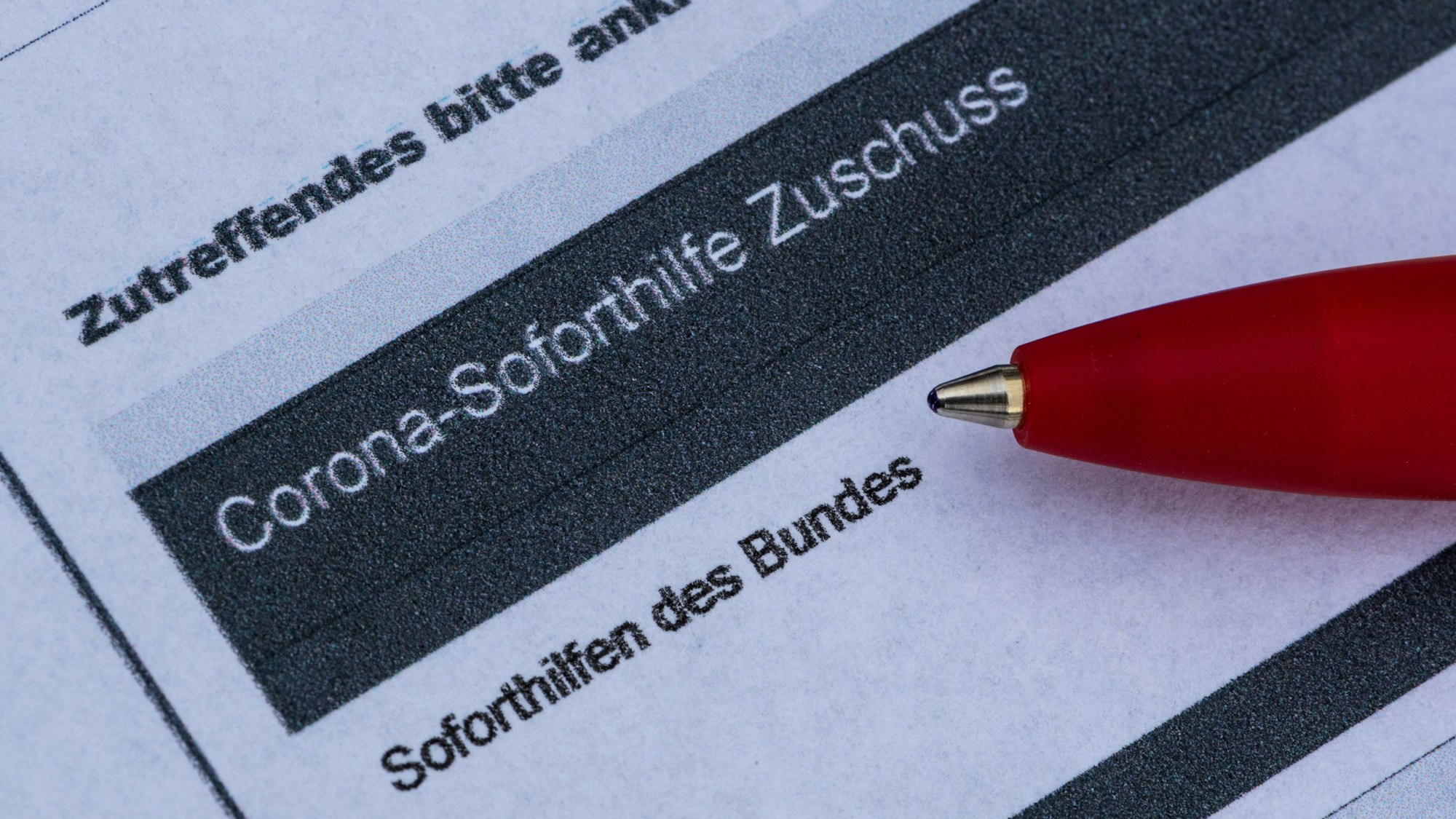 Ein Stift liegt auf einem Antrag für den Corona-Soforthilfe-Zuschuss. Vier Männer aus NRW sollen Soforthilfen über 5,5 Millionen Euro erbeutet haben. (Symbolbild)