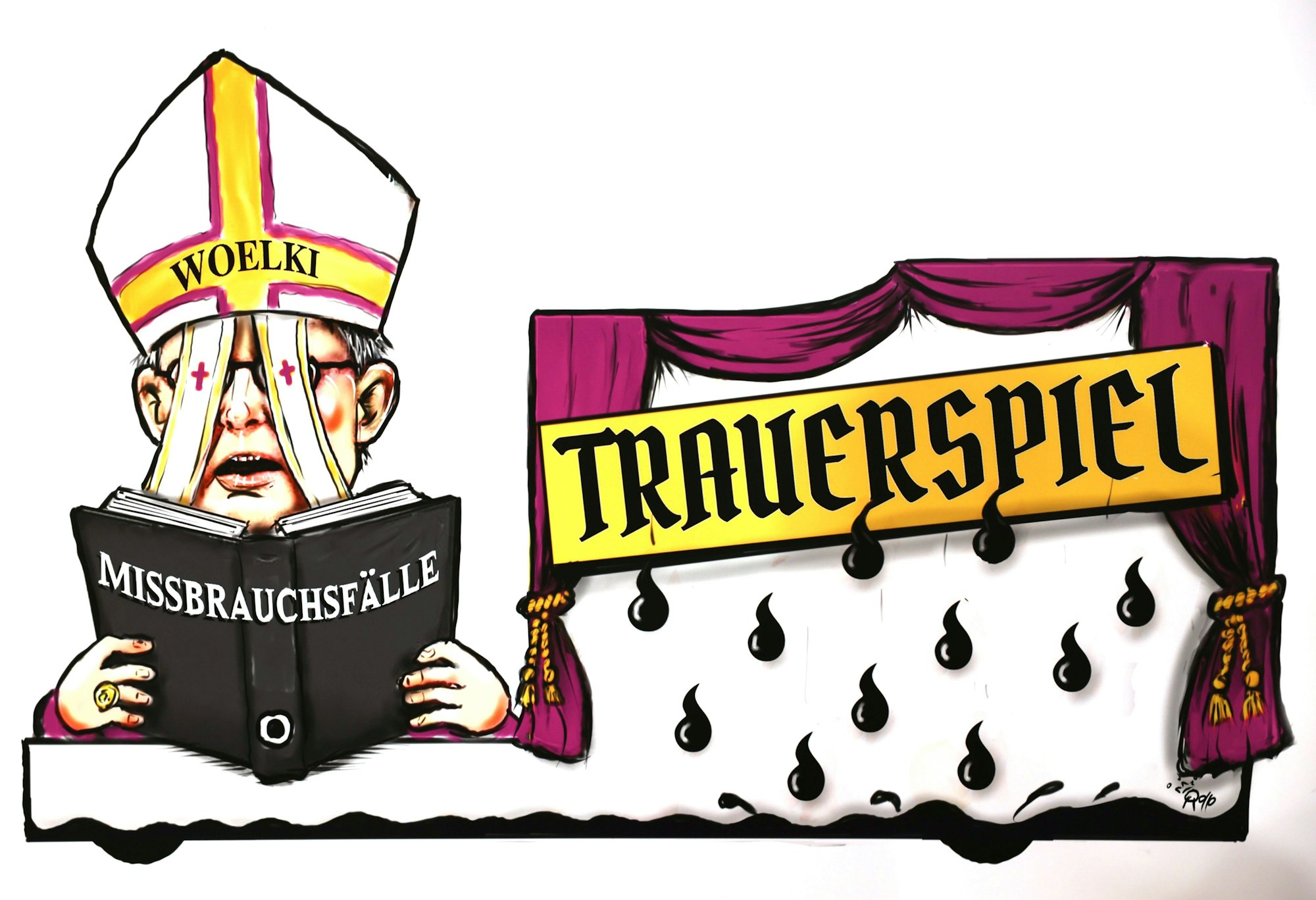 Die Zeichnung für einen politischen Persiflagewagen zeigt den Entwurf zum Thema Missbrauchsskandal.