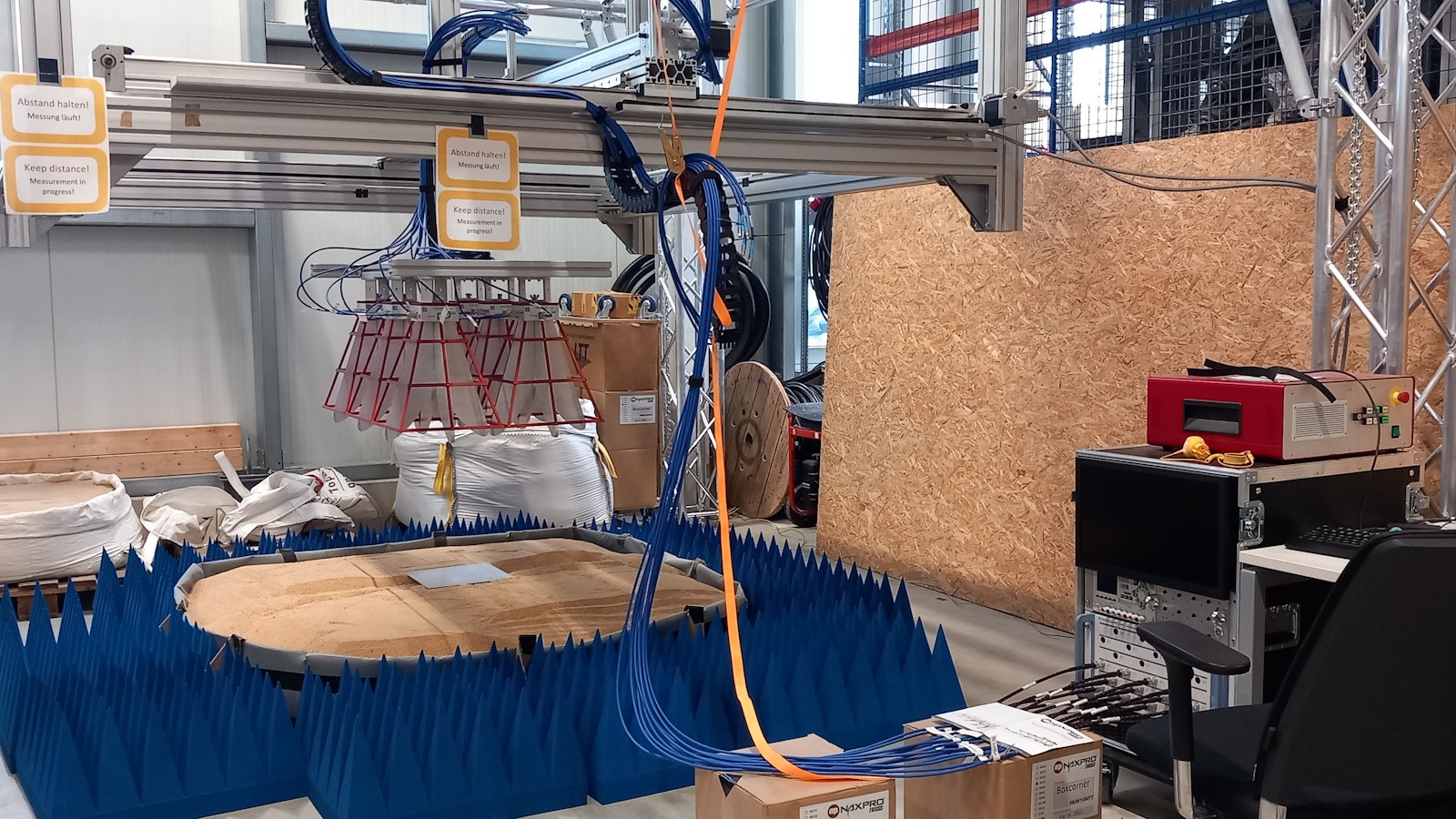 Zwölf Vivaldi-Antennen sind auf ein Sandbecken gerichtet. Blaue Kegel schlucken Radarstrahlen am Rand des Testbereichs.